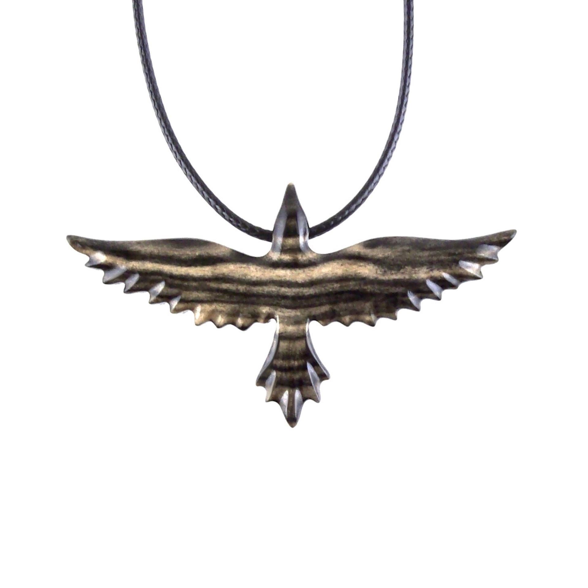 Flying Raven Necklace, Hand Carved Wooden Raven Pendant, Crow Necklace for Men or Women, Wood Bird Pendant, Totem Jewelry