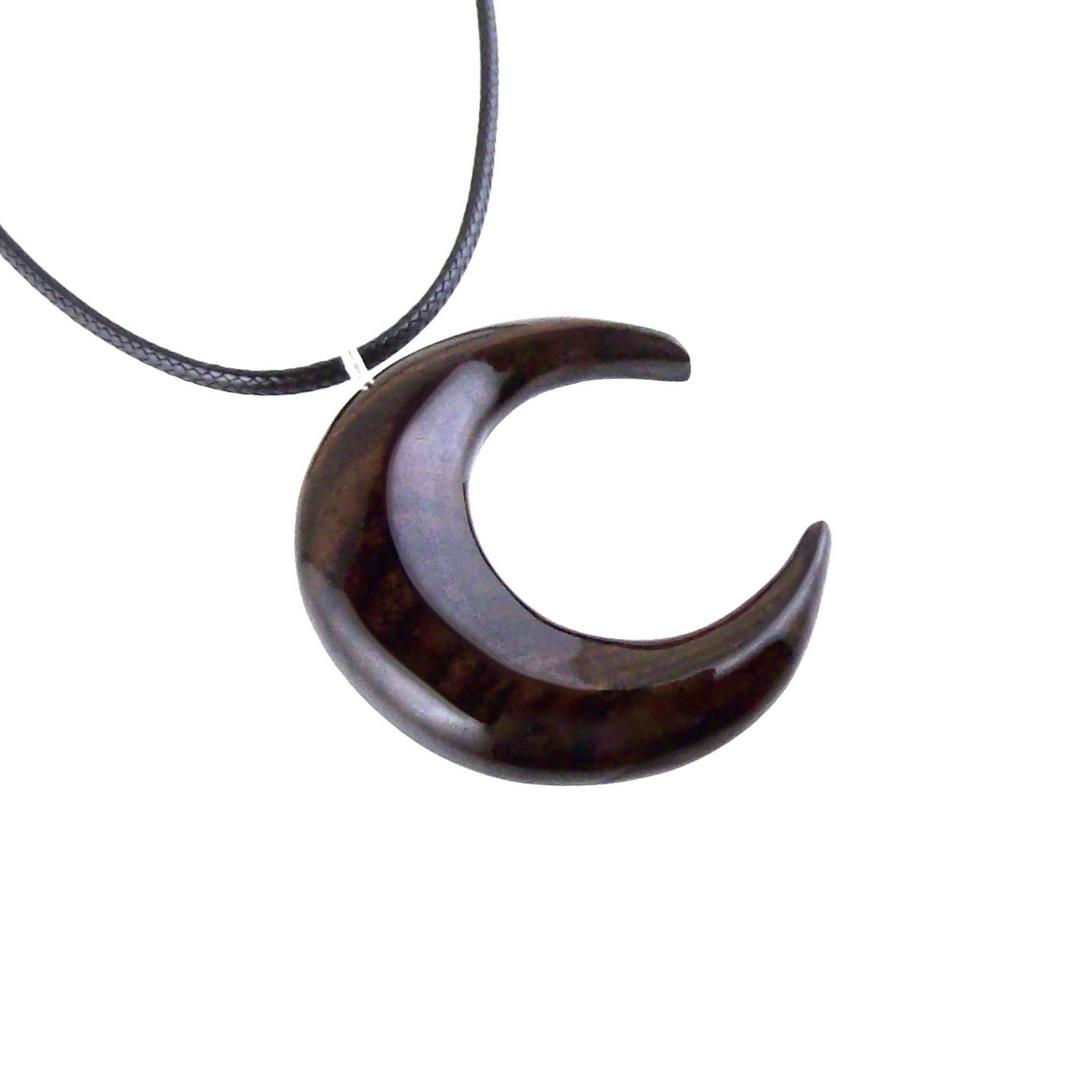 Hand Carved Wooden Crescent Moon Pendant Necklace, Handmade Celestial Wood Jewelry, One of a Kind Gift