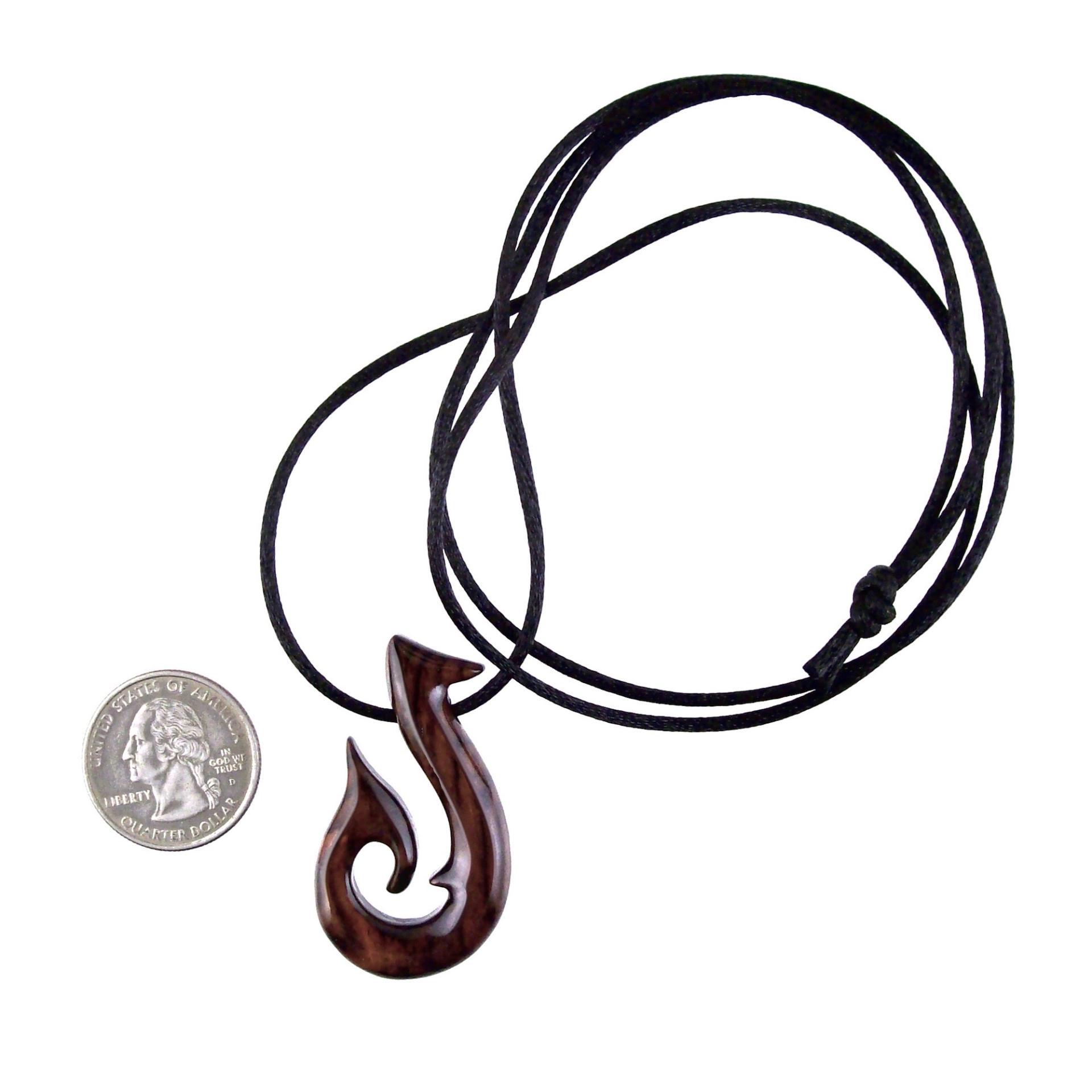 Hand Carved Fish Hook Pendant, Mens Wood Necklace, One of a Kind Wooden Fisherman Jewelry