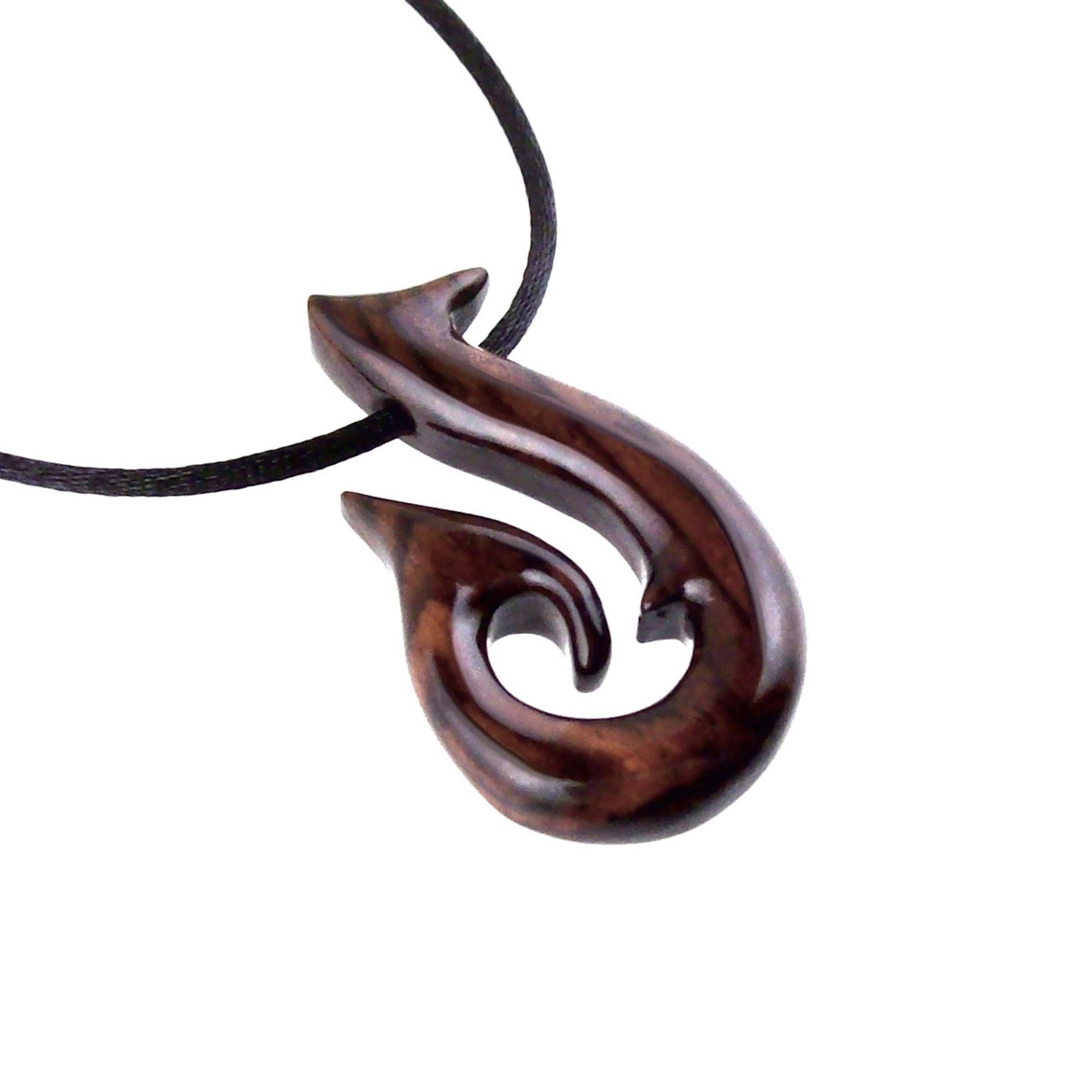 Hand Carved Fish Hook Pendant, Mens Wood Necklace, One of a Kind Wooden Fisherman Jewelry