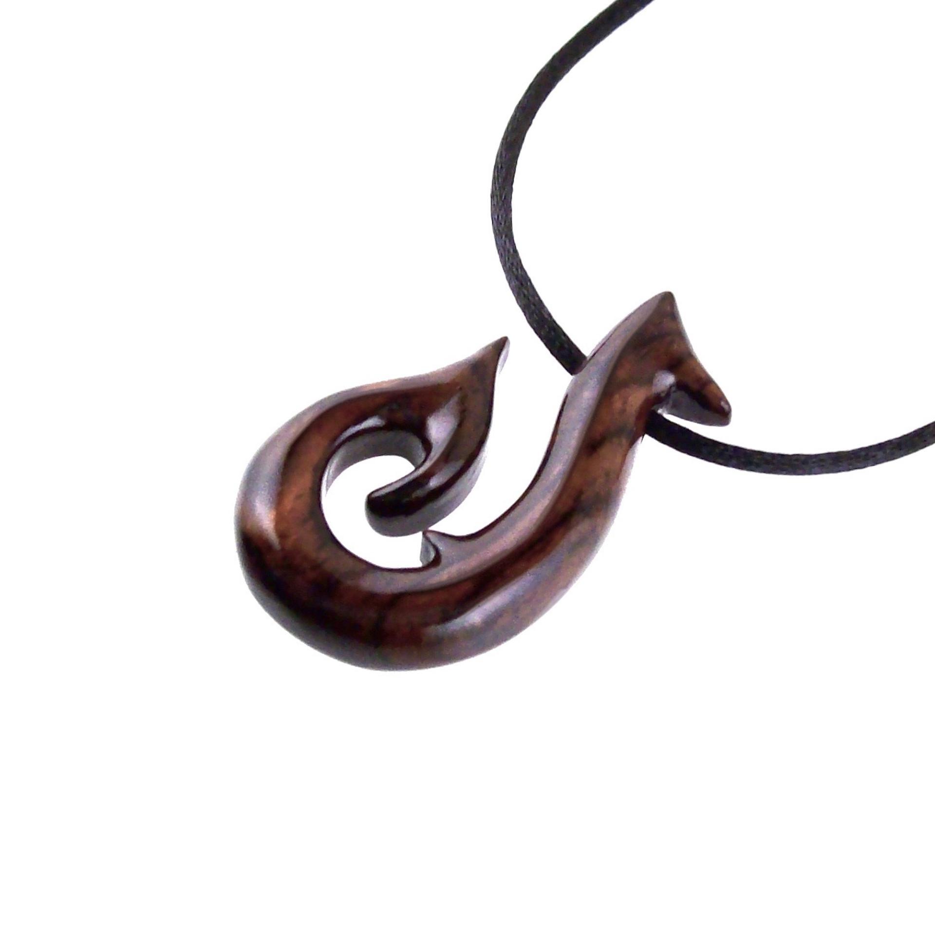 Hand Carved Fish Hook Pendant, Mens Wood Necklace, One of a Kind Wooden Fisherman Jewelry