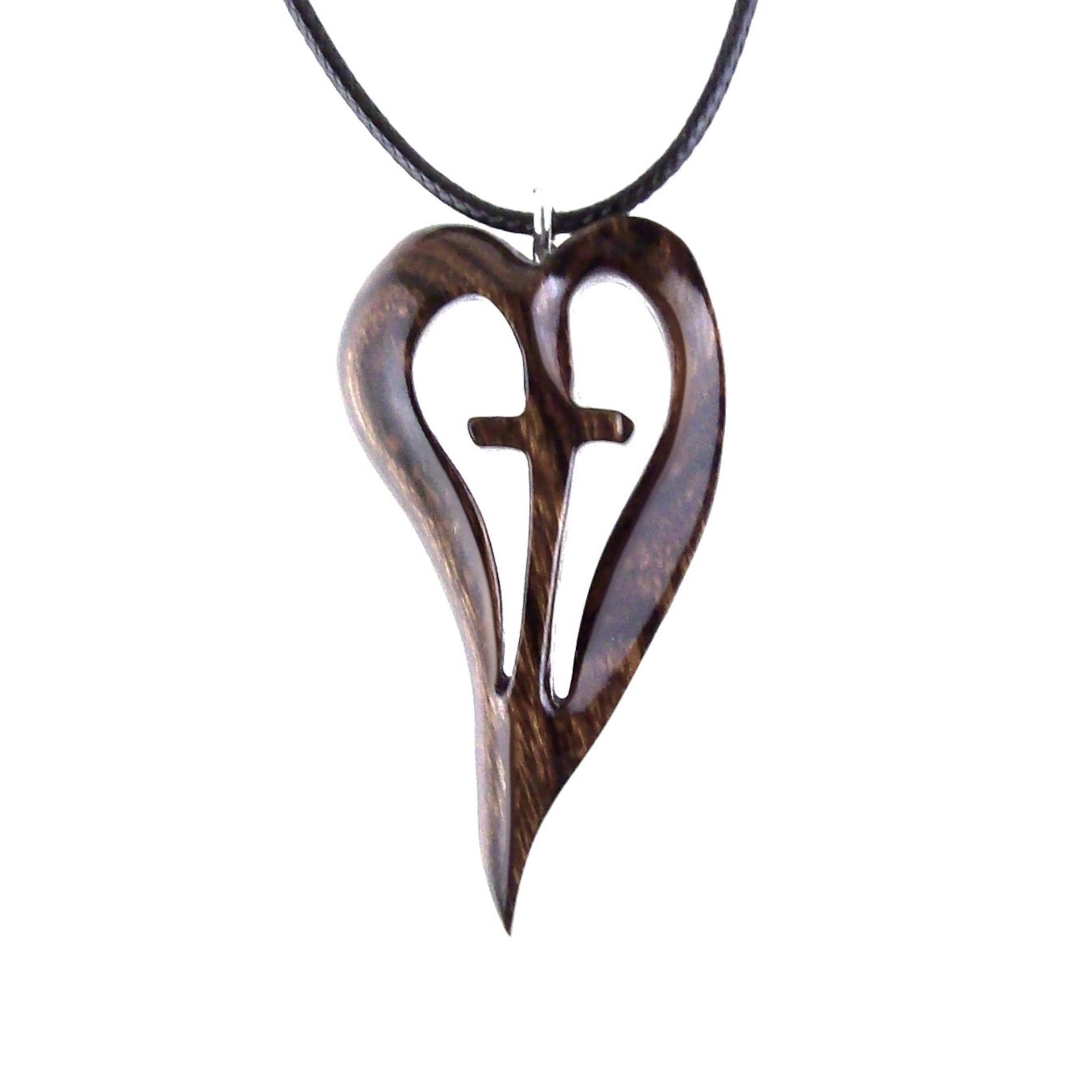 Women Cross Necklace, Wooden Heart Pendant, Hand Carved Wood Cross Necklace, 5th Anniversary Gift for Her, Christian Jewelry