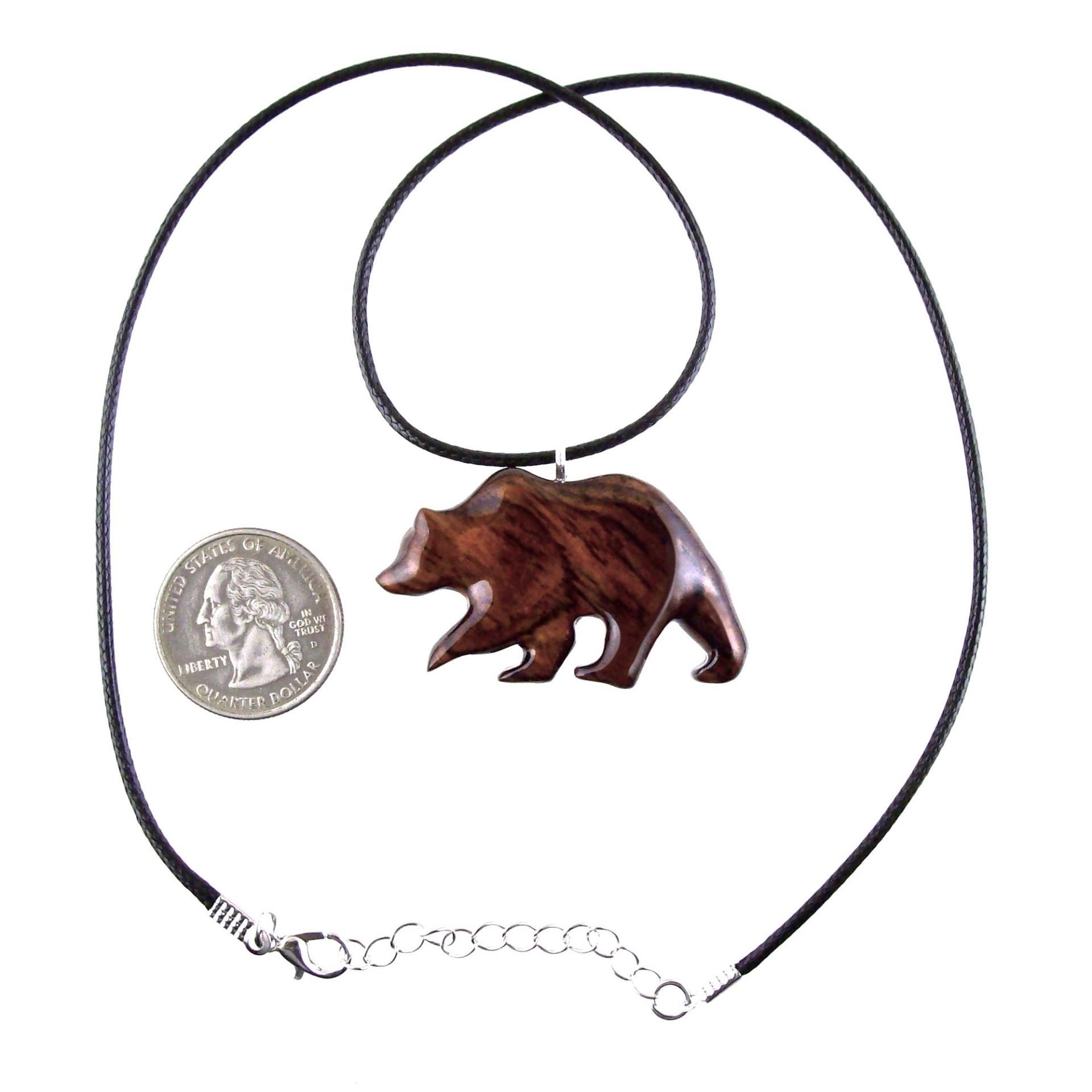 Wood Bear Necklace, Hand Carved Wooden Grizzly Bear Pendant for Men or Women, Spirit Animal Totem Jewelry Gift for Him Her