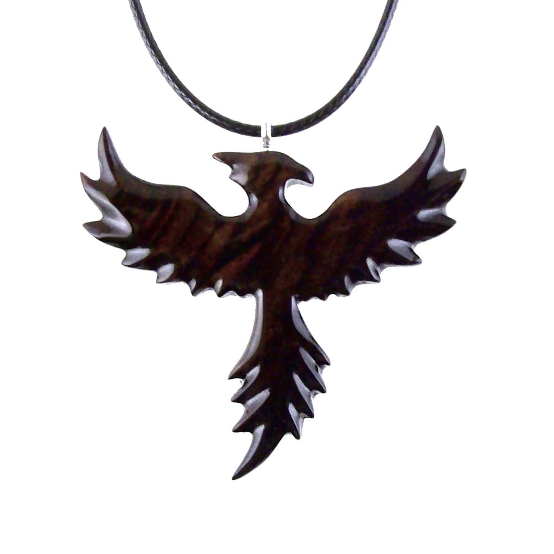 Hand Carved Phoenix Necklace, Wooden Rising Phoenix Pendant for Men or Women, Wood Firebird Necklace, Fantasy Inspirational Jewelry