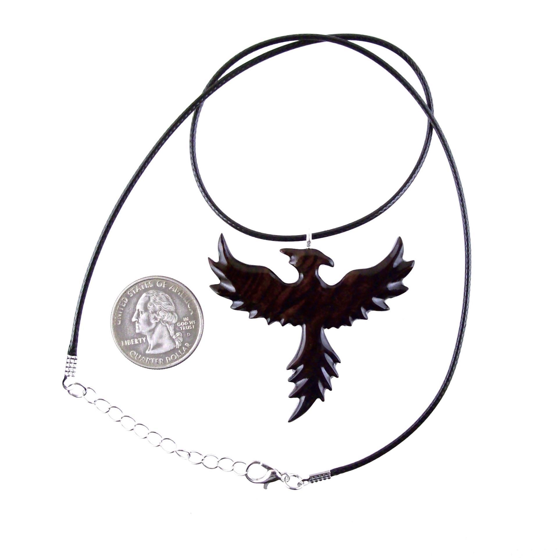 Hand Carved Phoenix Necklace, Wooden Rising Phoenix Pendant for Men or Women, Wood Firebird Necklace, Fantasy Inspirational Jewelry