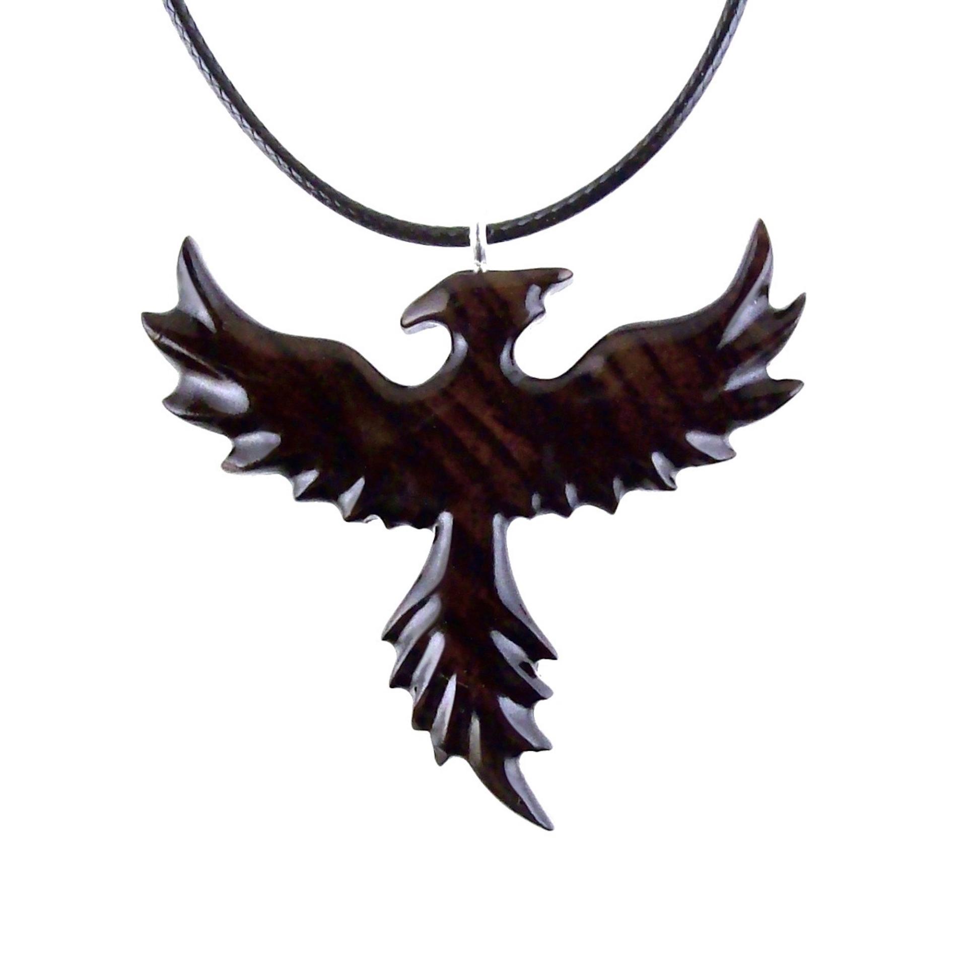 Hand Carved Phoenix Necklace, Wooden Rising Phoenix Pendant for Men or Women, Wood Firebird Necklace, Fantasy Inspirational Jewelry