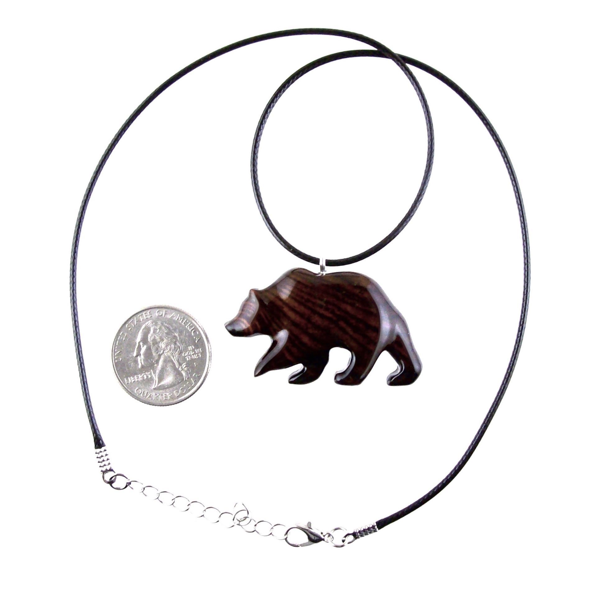 Wood Bear Necklace, Hand Carved Wooden Grizzly Bear Pendant for Men or Women, Spirit Animal Totem Jewelry Gift for Him Her