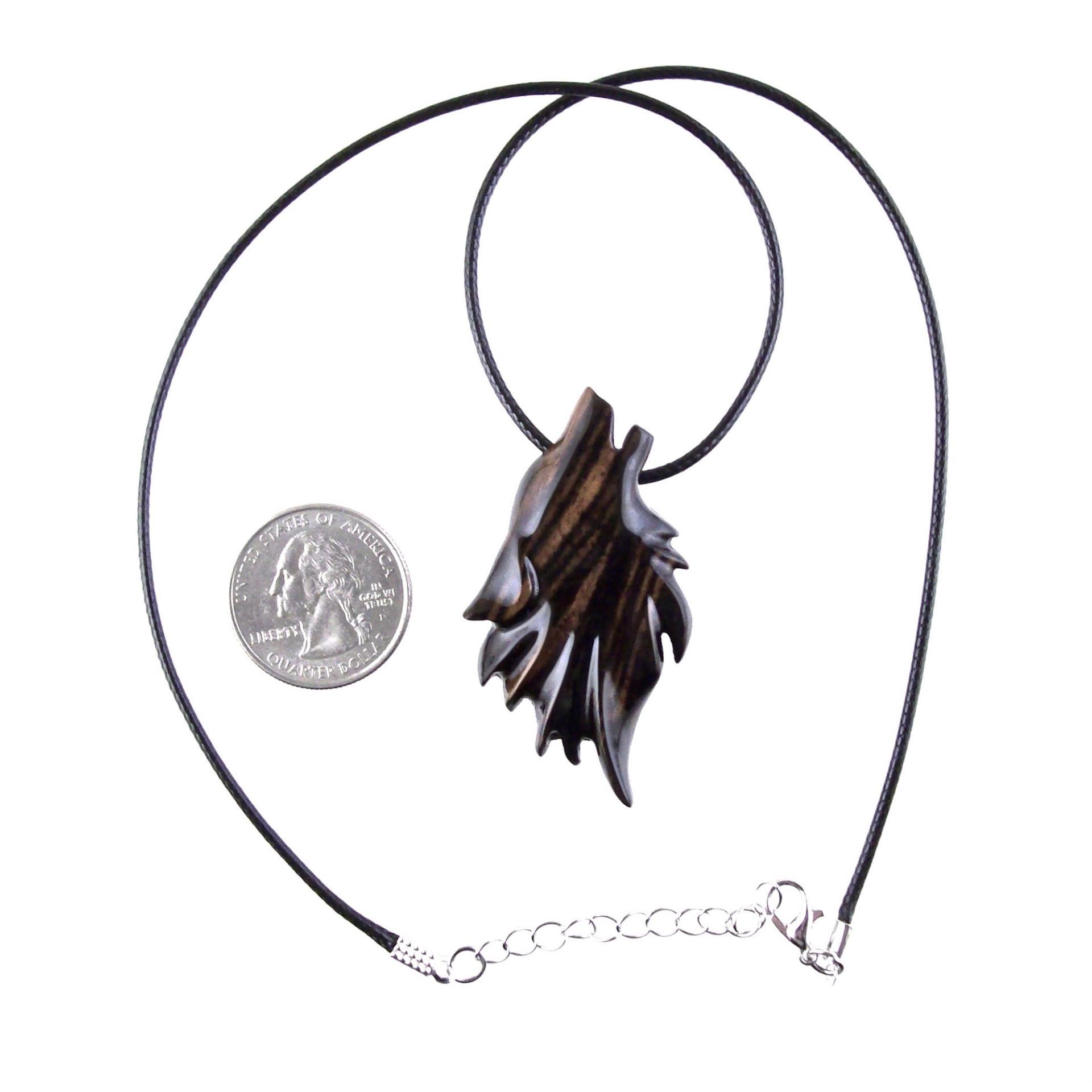 Wolf Wood Necklace, Hand Carved Wooden Wolf Head Pendant in Black with Brown Streaks