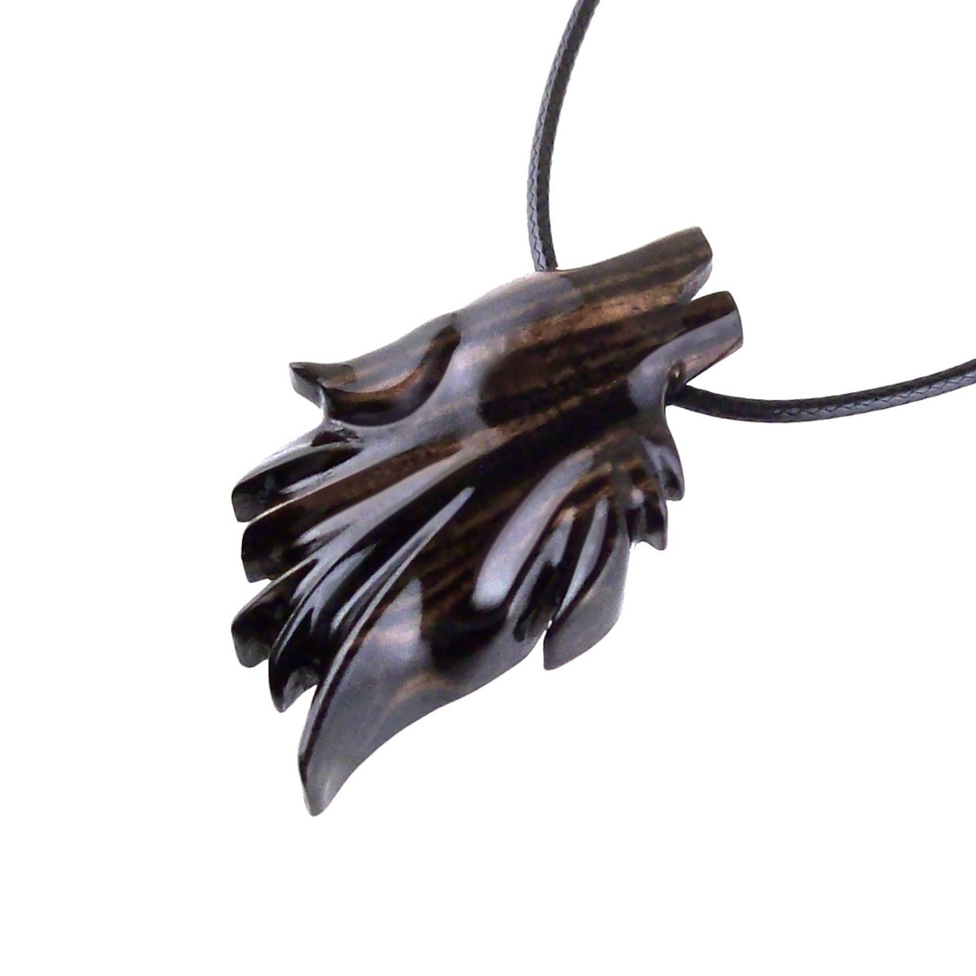 Wolf Wood Necklace, Hand Carved Wooden Wolf Head Pendant in Black with Brown Streaks