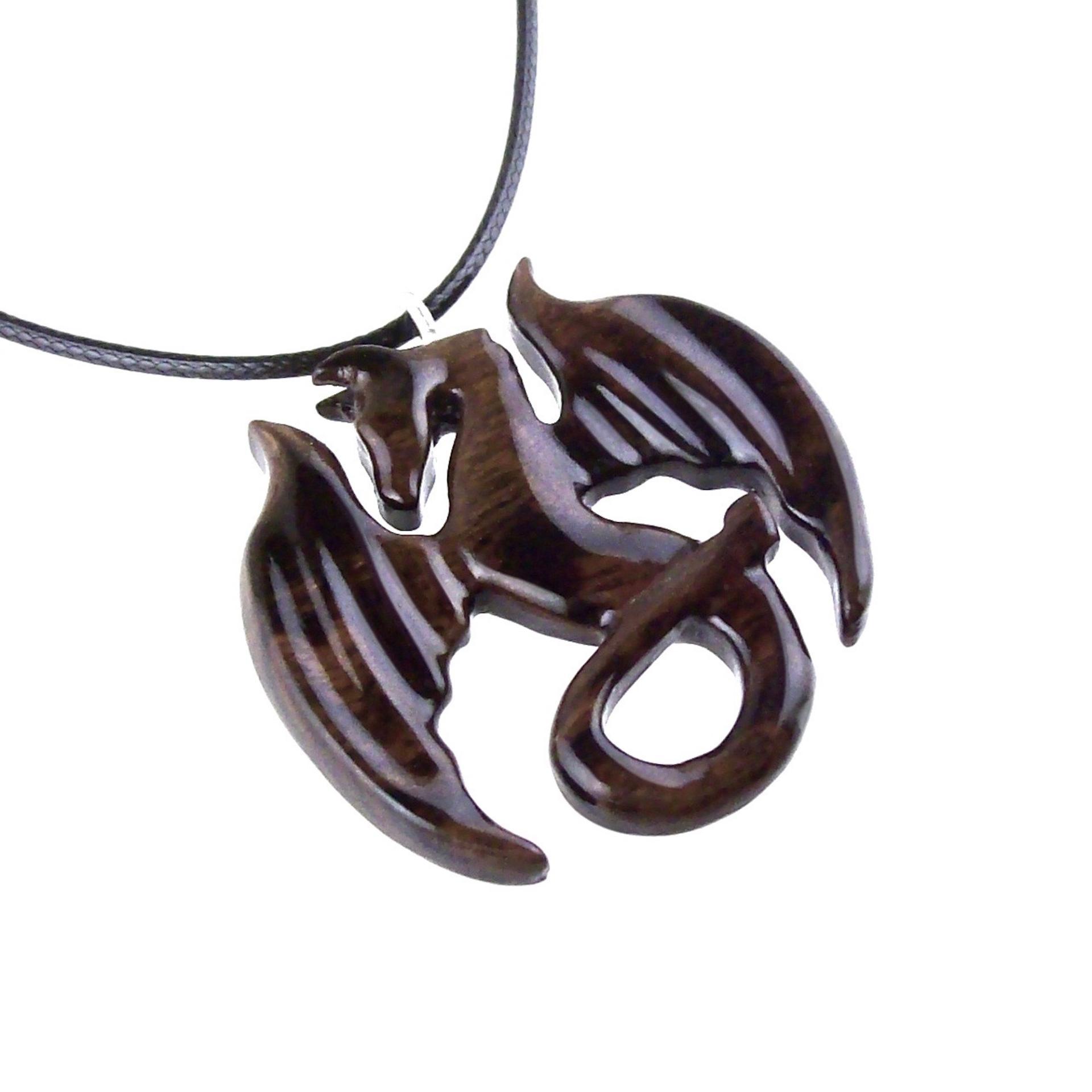 Wooden Dragon Pendant, Hand Carved Dragon Necklace, Fantasy Wood Jewelry for Men Women