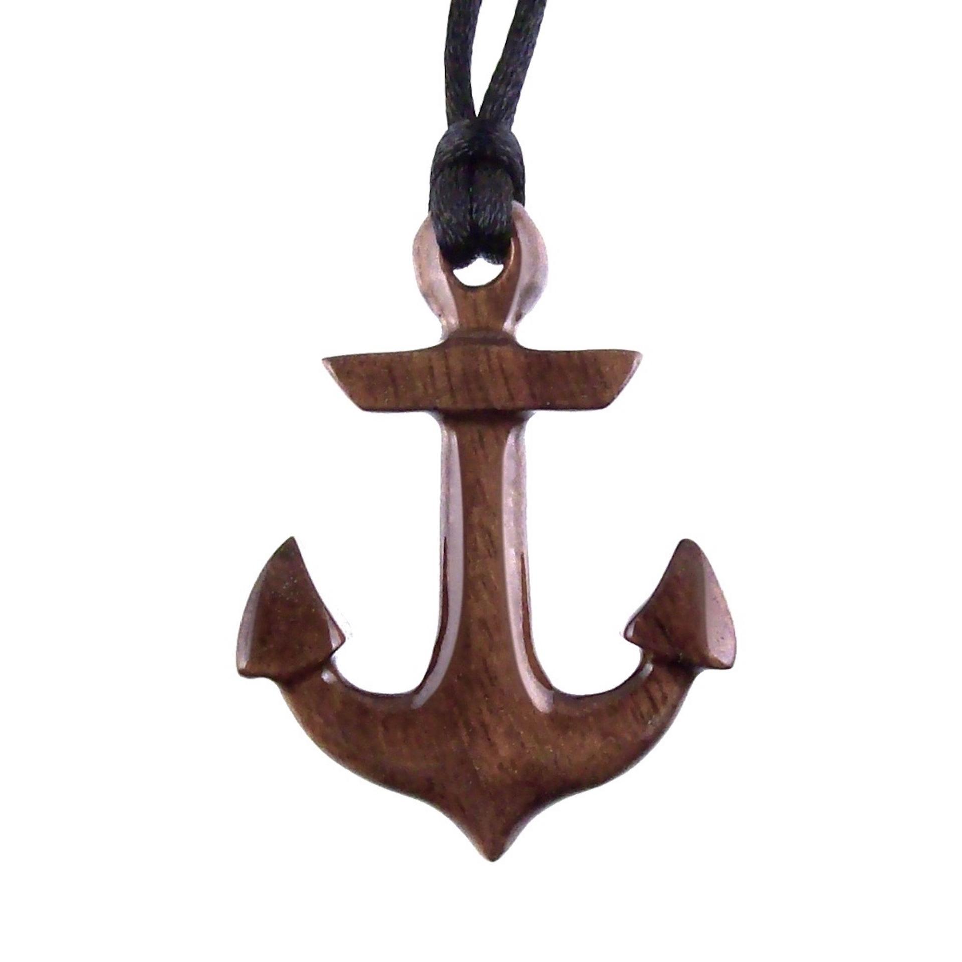 Hand Carved Wooden Anchor Pendant, Mens Wood Necklace, Handmade Nautical Jewelry Gift for Him
