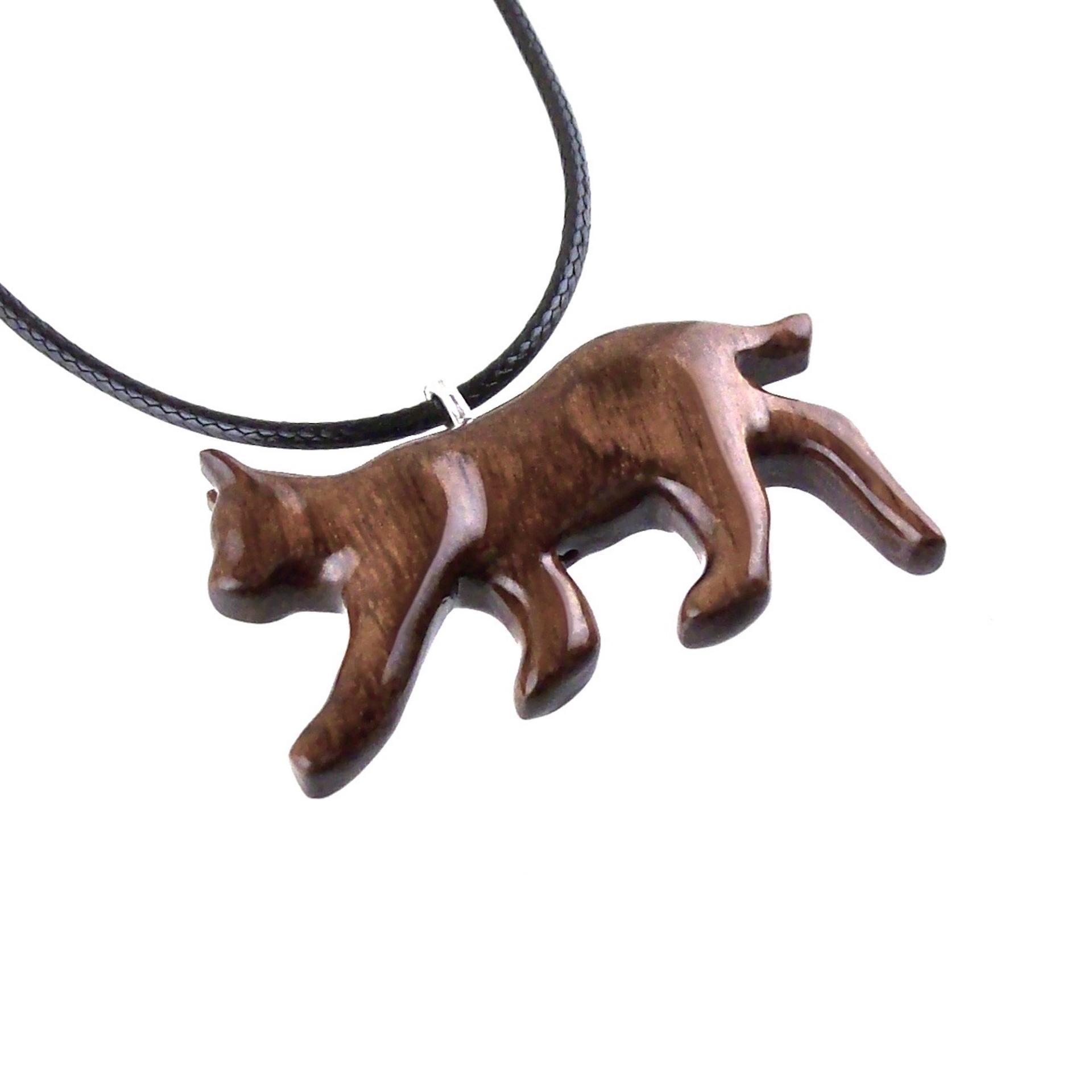 Hand Carved Lynx Pendant, Wooden Bobcat Necklace, Wildcat Totem Spirit Animal Handmade Wood Jewelry