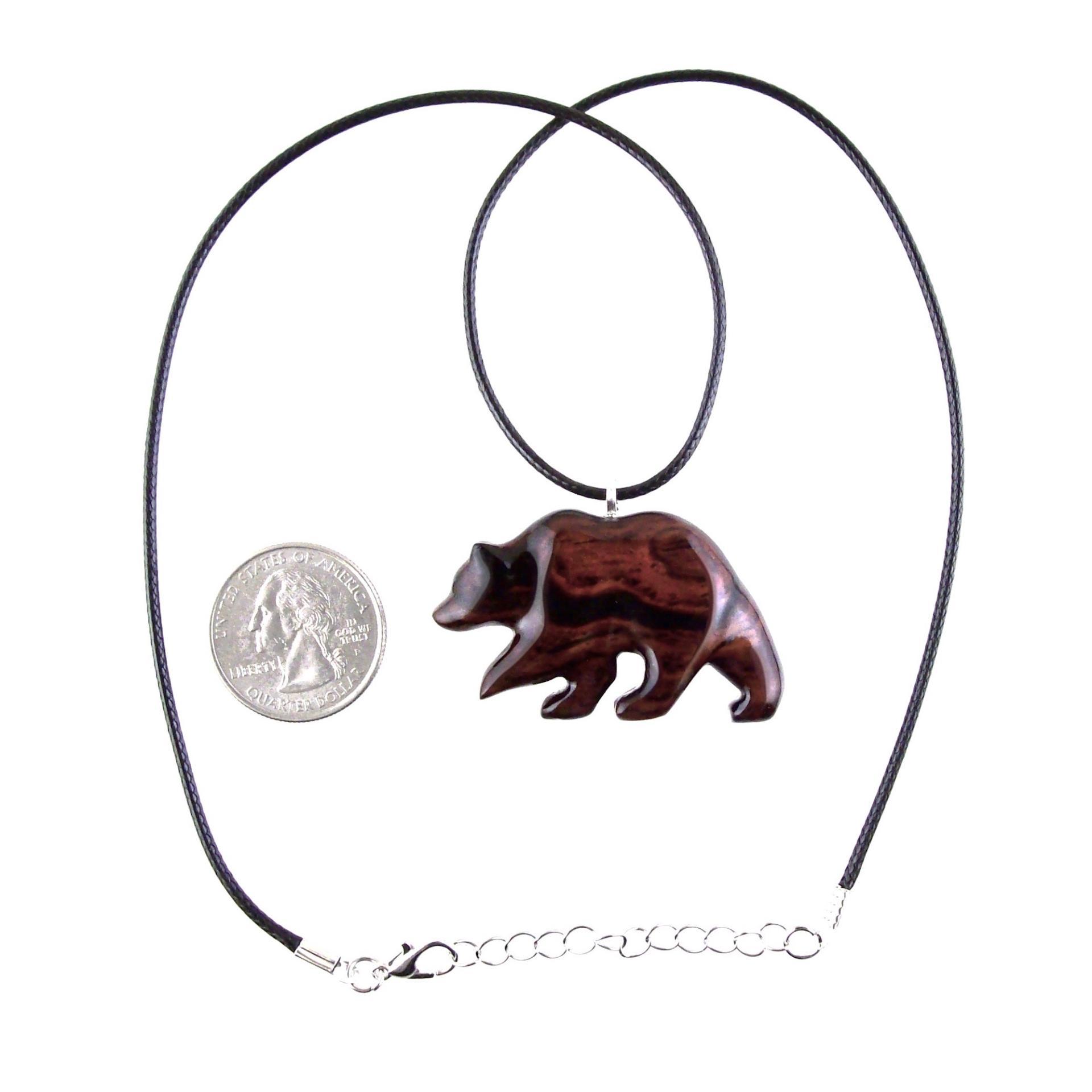 Wood Bear Necklace, Hand Carved Wooden Grizzly Bear Pendant for Men or Women, Spirit Animal Totem Jewelry Gift for Him Her