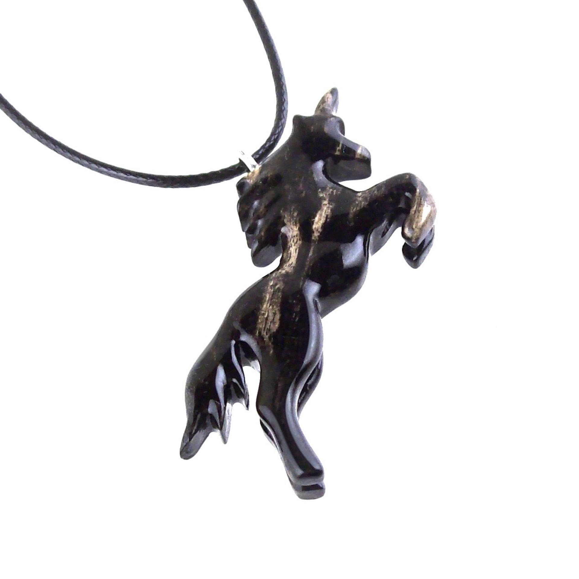 Hand Carved Wooden Unicorn Pendant Necklace, Fantasy Animal Wood Jewelry Gift for Her Him