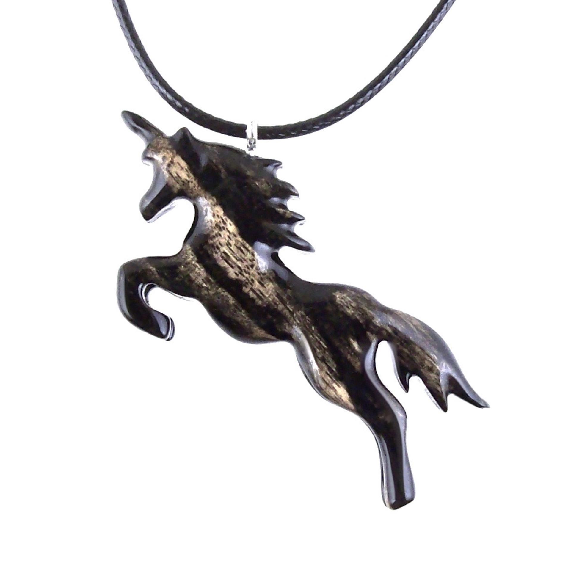 Hand Carved Wooden Unicorn Pendant Necklace, Fantasy Animal Wood Jewelry Gift for Her Him