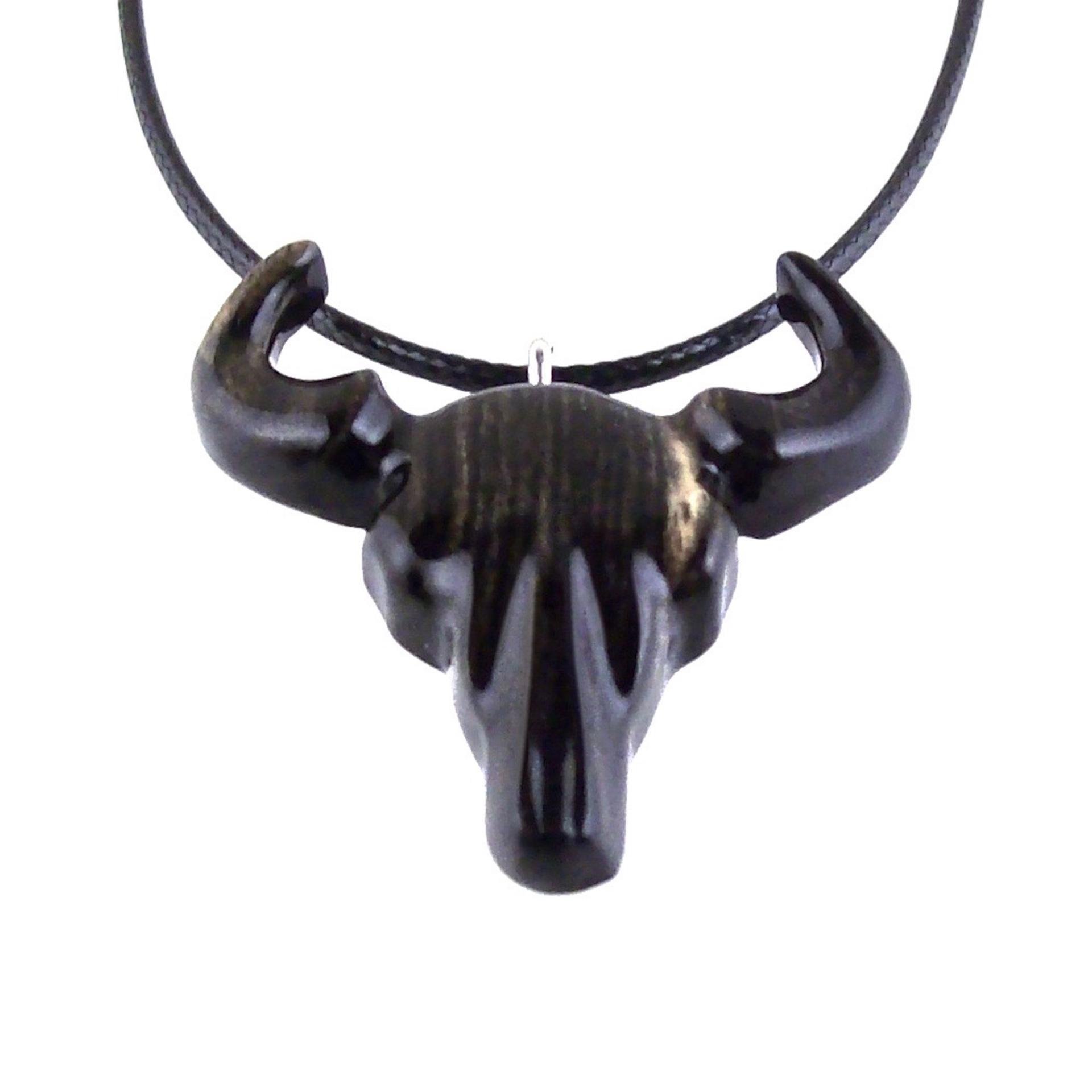 Bull Skull Necklace, Hand Carved Wooden Buffalo Head Pendant, Ox Cowboy Pendant, Taurus Jewelry