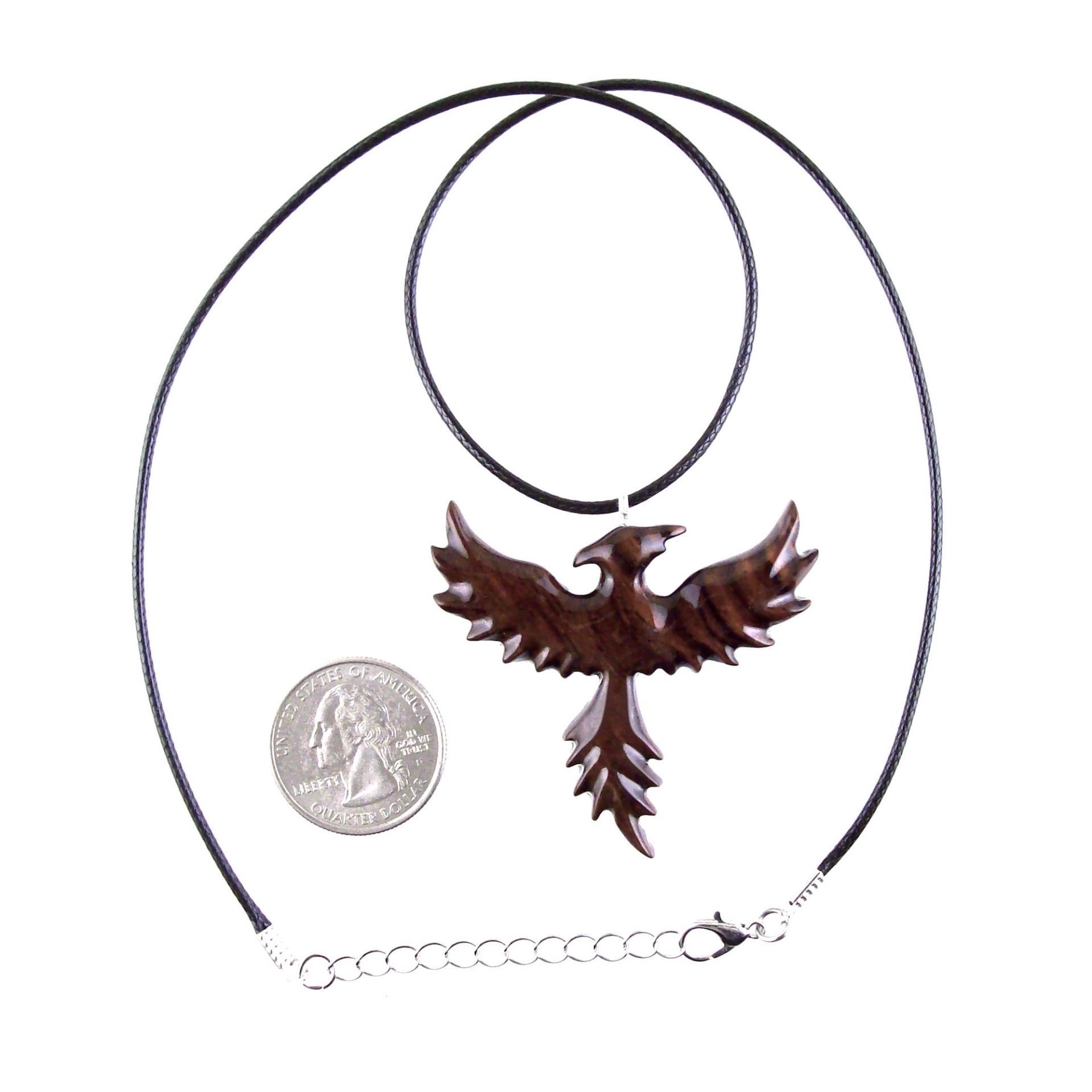 Hand Carved Phoenix Necklace, Wooden Rising Phoenix Pendant for Men or Women, Wood Firebird Fantasy Inspirational Jewelry