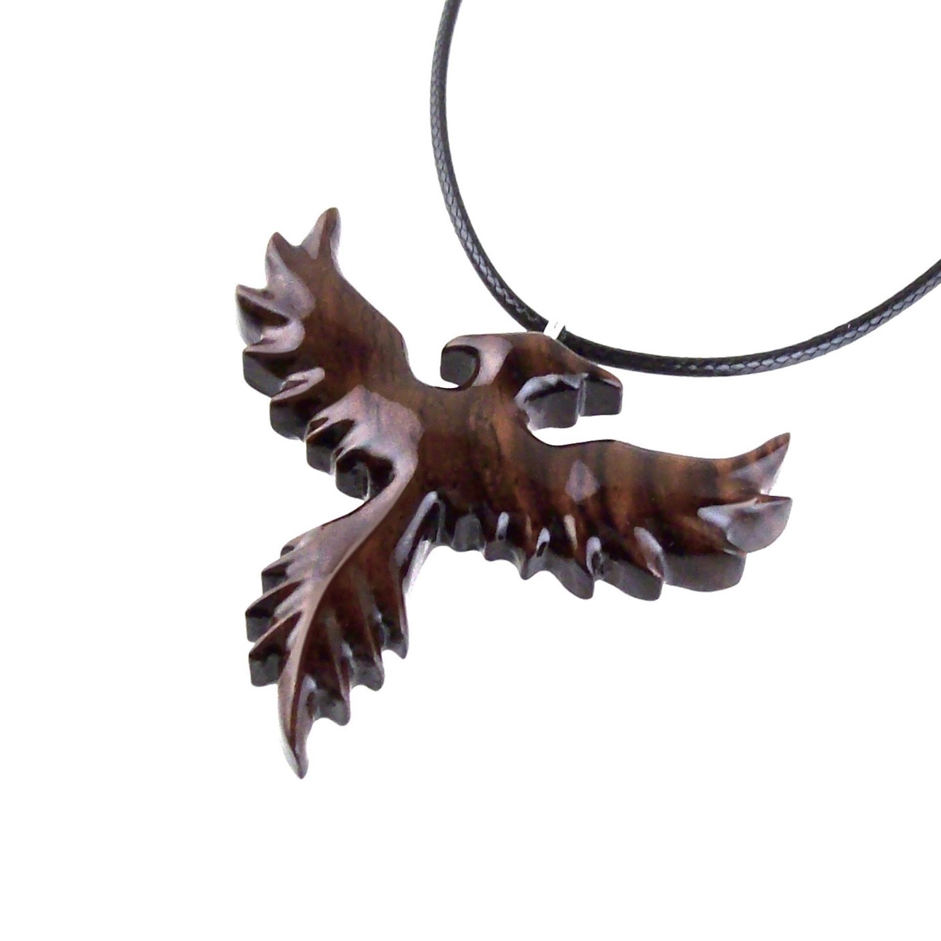 Hand Carved Phoenix Necklace, Wooden Rising Phoenix Pendant for Men or Women, Wood Firebird Fantasy Inspirational Jewelry