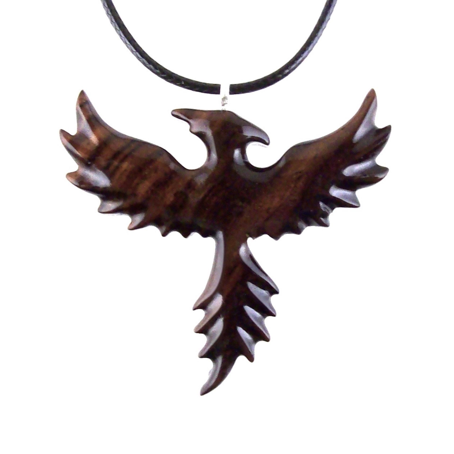 Hand Carved Phoenix Necklace, Wooden Rising Phoenix Pendant for Men or Women, Wood Firebird Fantasy Inspirational Jewelry