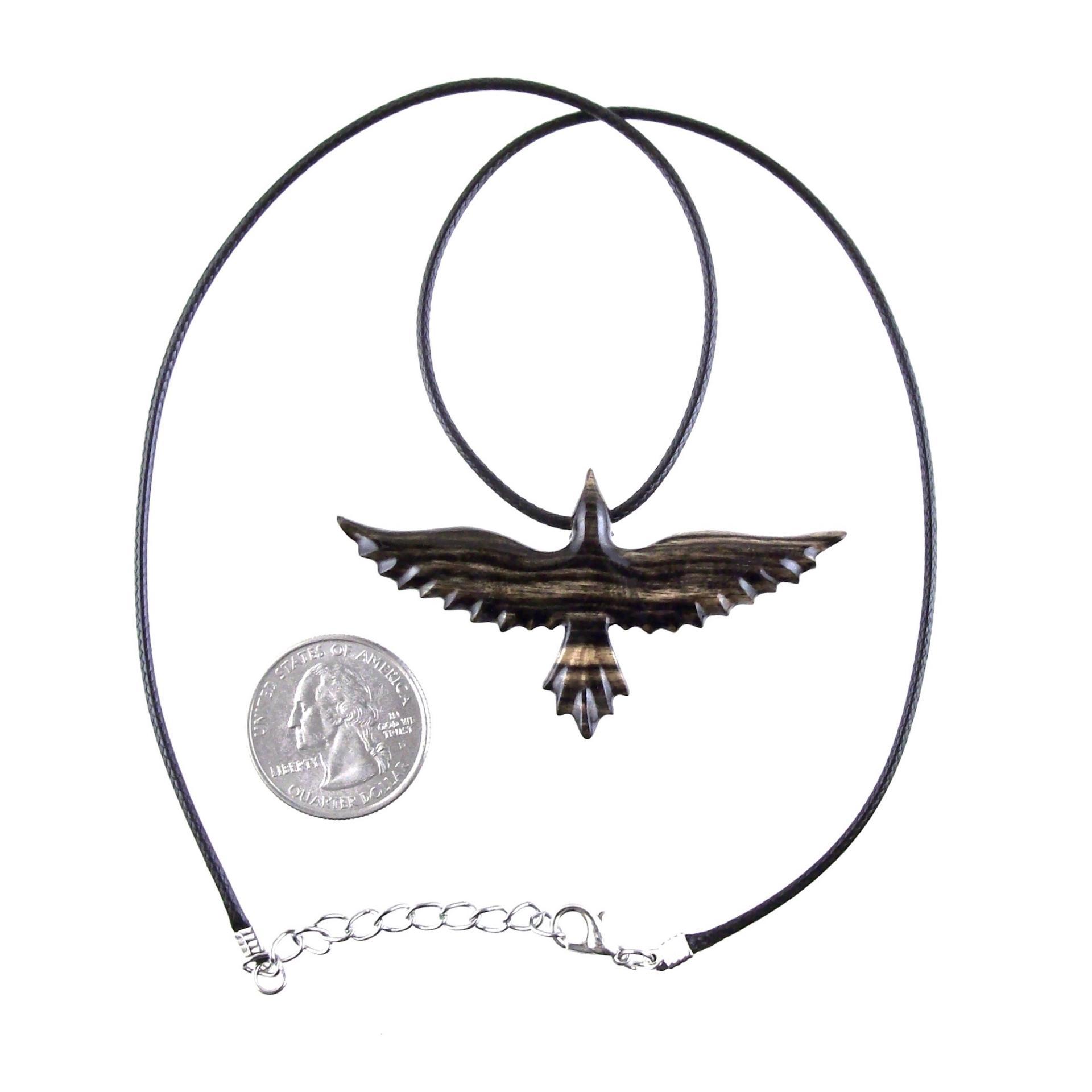 Flying Raven Necklace, Hand Carved Wooden Crow Pendant for Men Women, Wood Bird Jewelry