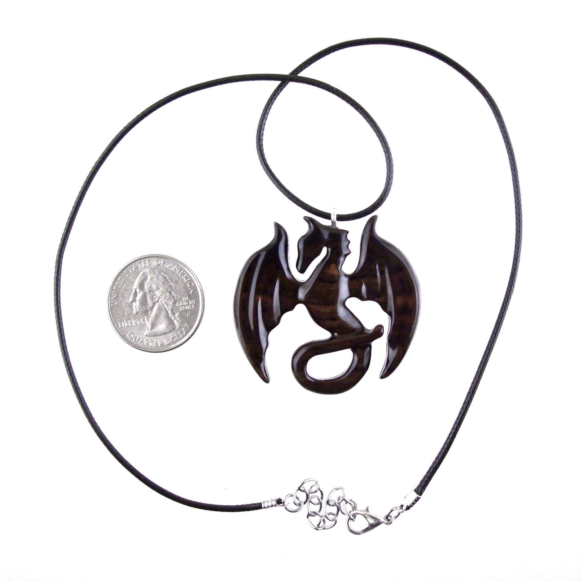 Dragon Necklace for Men Women, Wooden Dragon Pendant, Hand Carved Fantasy Wood Jewelry