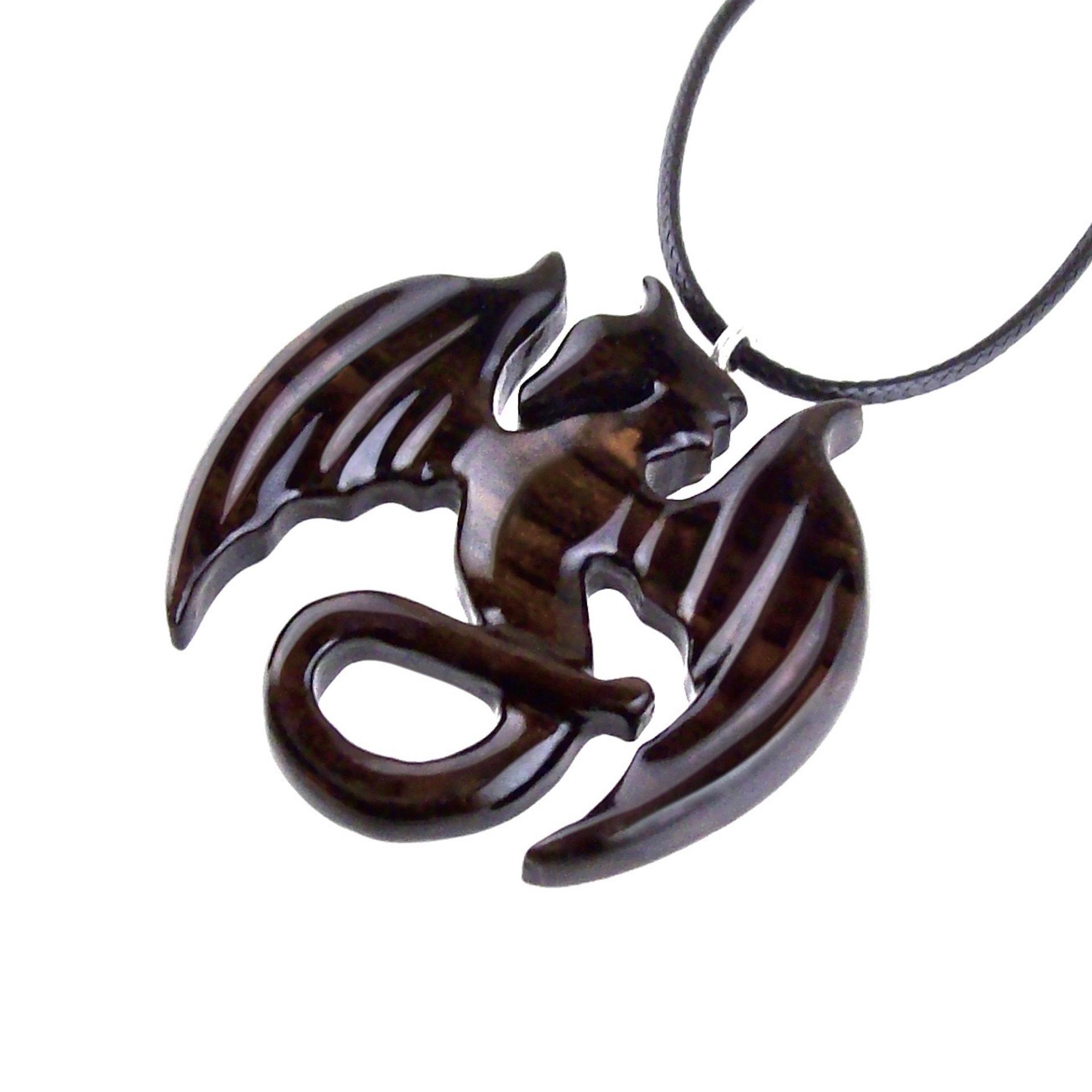 Dragon Necklace for Men Women, Wooden Dragon Pendant, Hand Carved Fantasy Wood Jewelry