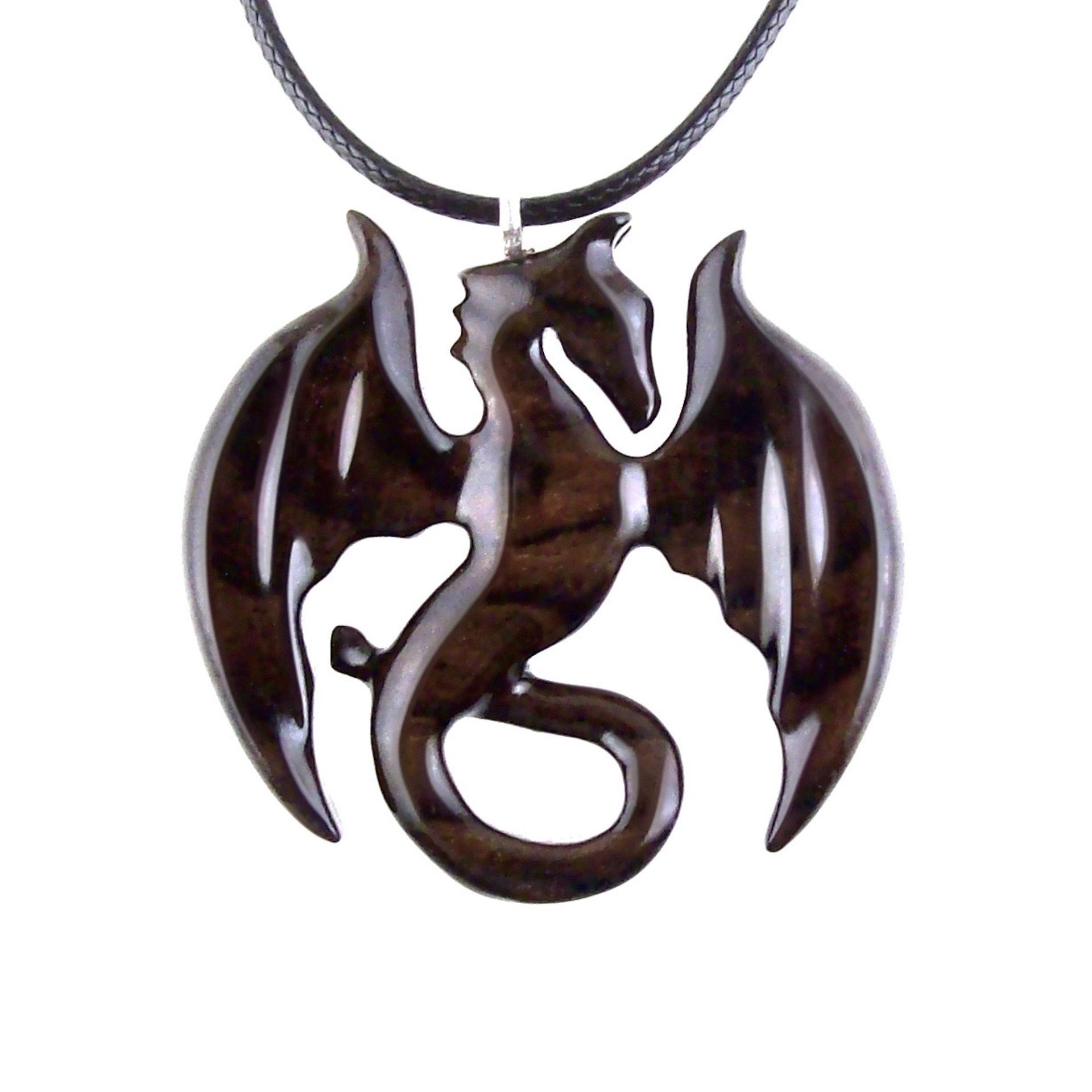 Dragon Necklace for Men Women, Wooden Dragon Pendant, Hand Carved Fantasy Wood Jewelry