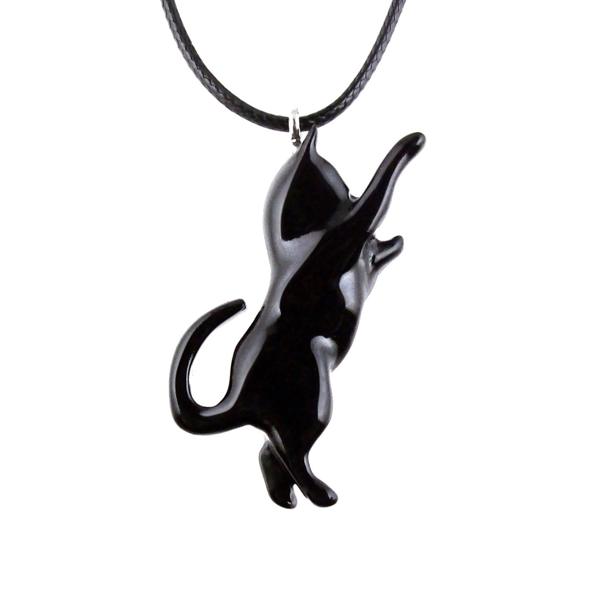 Hand Carved Black Cat Pendant, Wooden Kitten Necklace for Men or Women, Pet Animal Jewelry, Cat Lover Gift for Him Her