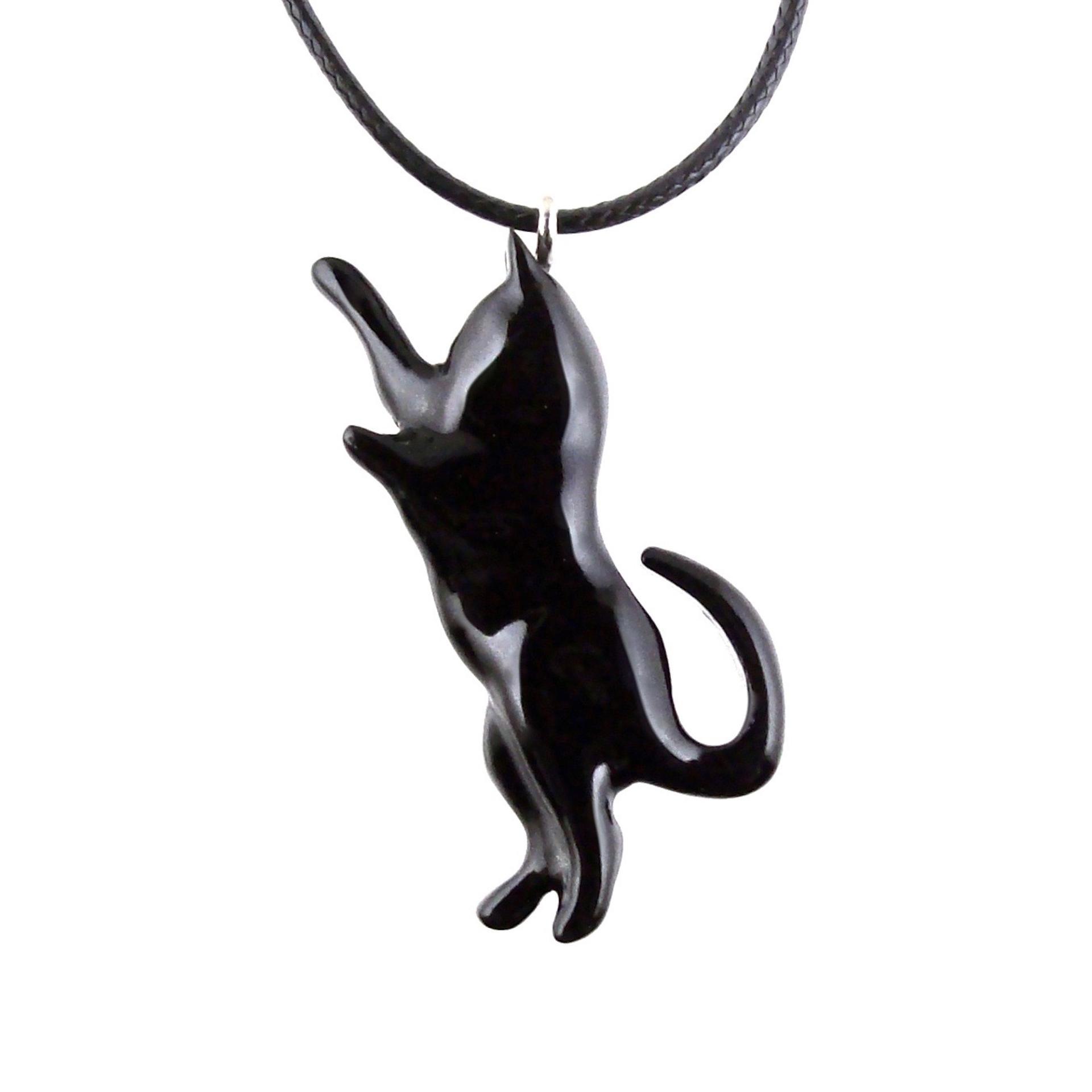 Hand Carved Black Cat Pendant, Wooden Kitten Necklace for Men or Women, Pet Animal Jewelry, Cat Lover Gift for Him Her