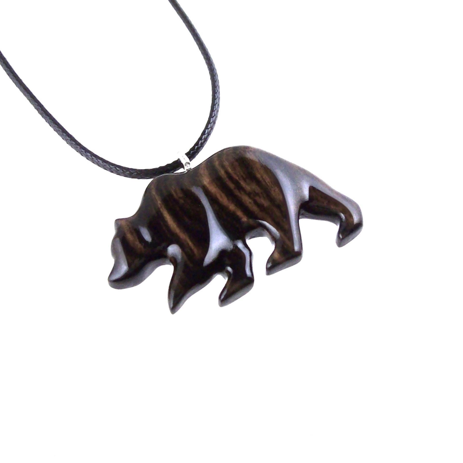 Wooden Grizzly Bear Pendant, Bear Necklace for Men or Women, Hand Carved Wood Jewelry, Totem Spirit Animal in Black with Brown Streaks