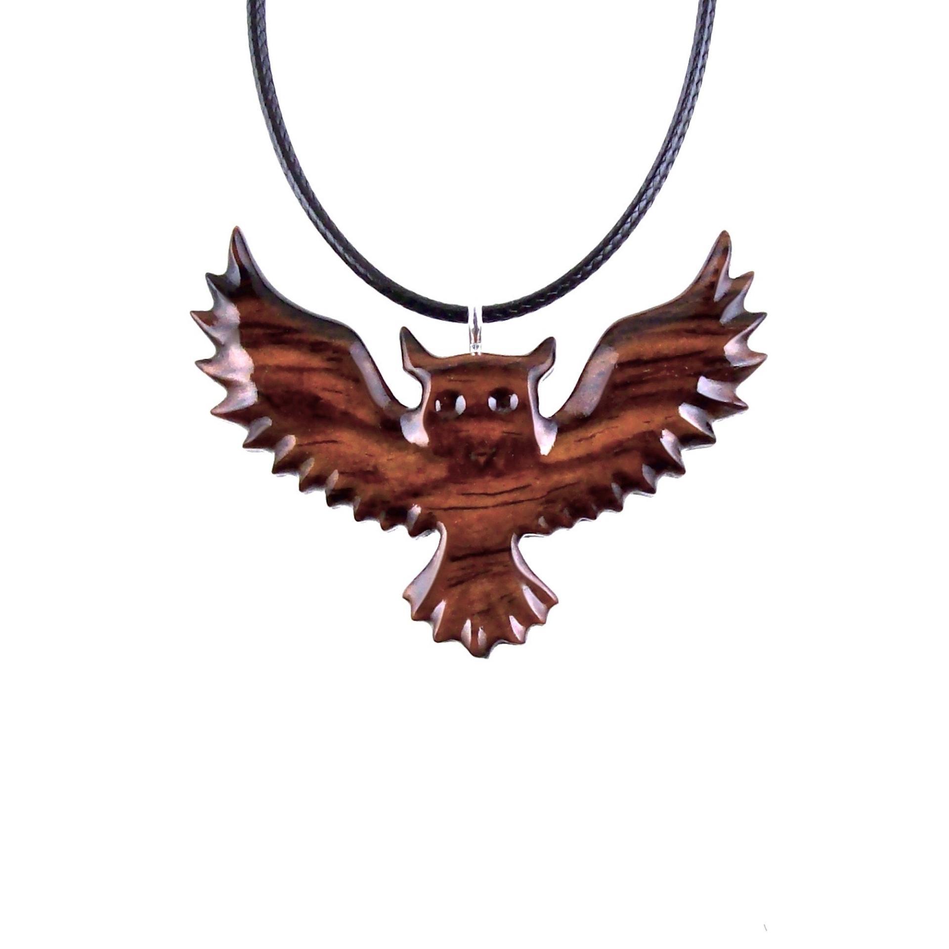 Owl Necklace, Hand Carved Wooden Owl Pendant, Flying Wood Bird Necklace for Men or Women, Totem Spirit Animal Jewelry