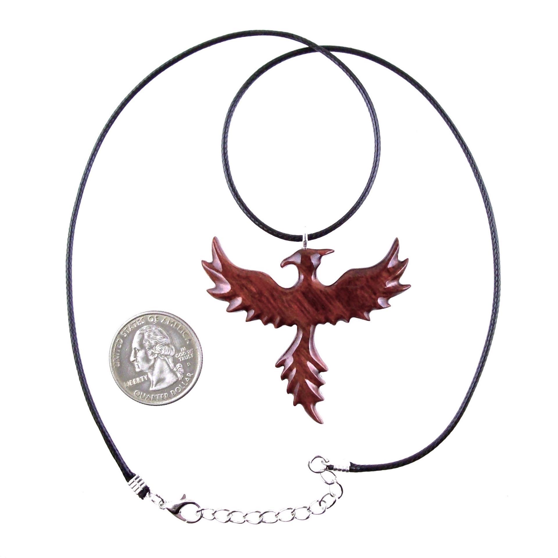 Rising Phoenix Necklace, Hand Carved Wooden Phoenix Pendant, Wood Firebird Jewelry, Inspirational Gift for Her Him
