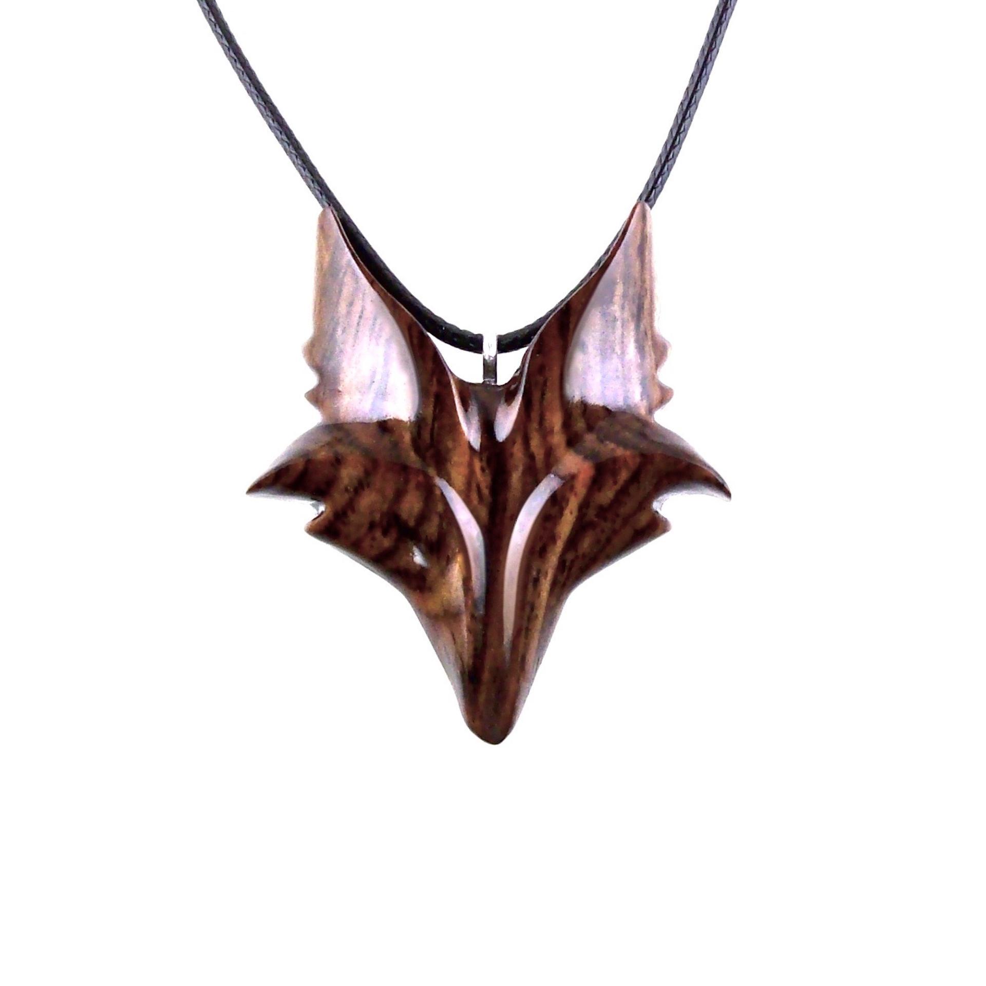 Reddish-Brown wooden fox face pendant with 18 inches black cord necklace.