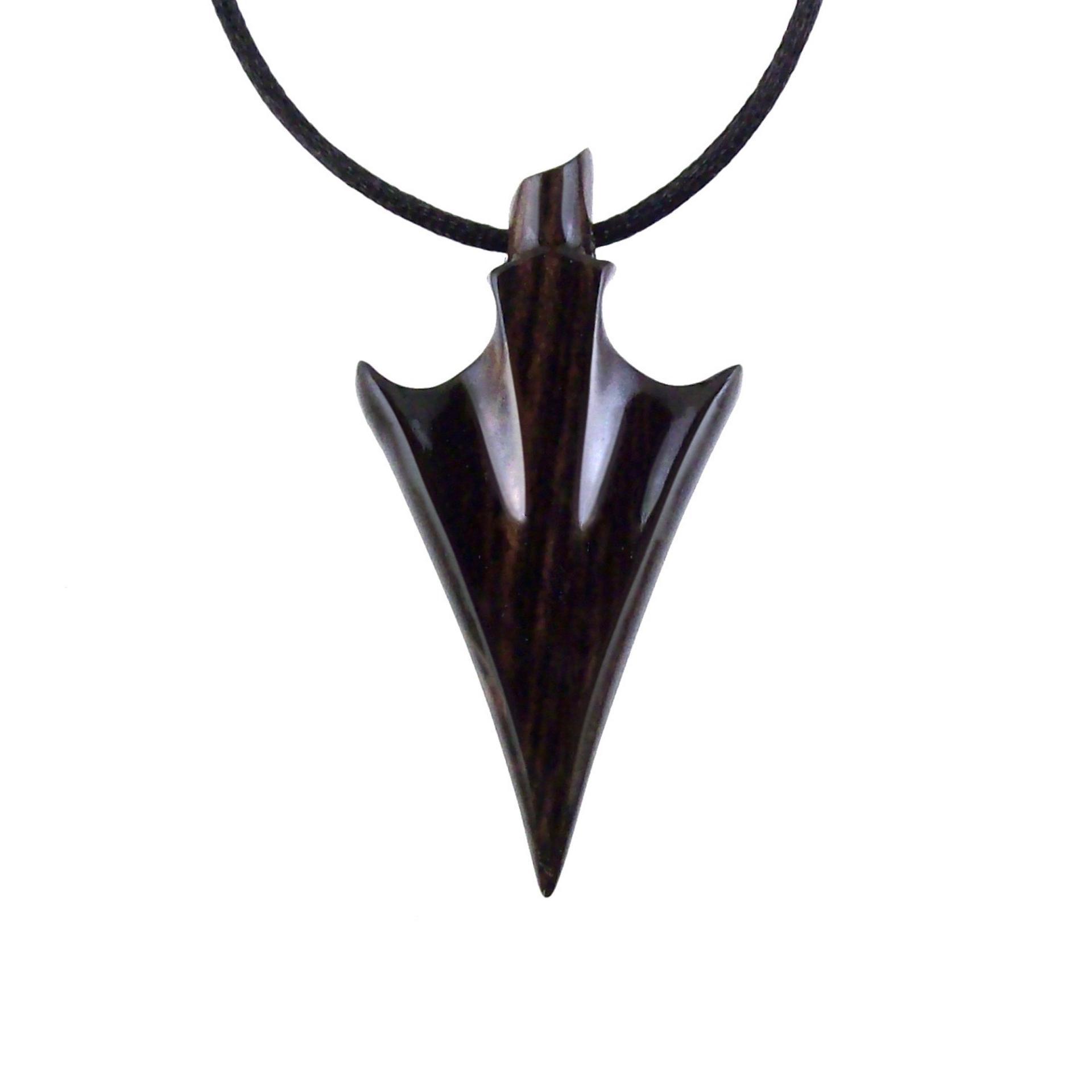 Hand Carved Arrowhead Necklace, Wooden Arrow Pendant, Mens Wood Necklace, Tribal Jewelry in Black with Brown Streaks