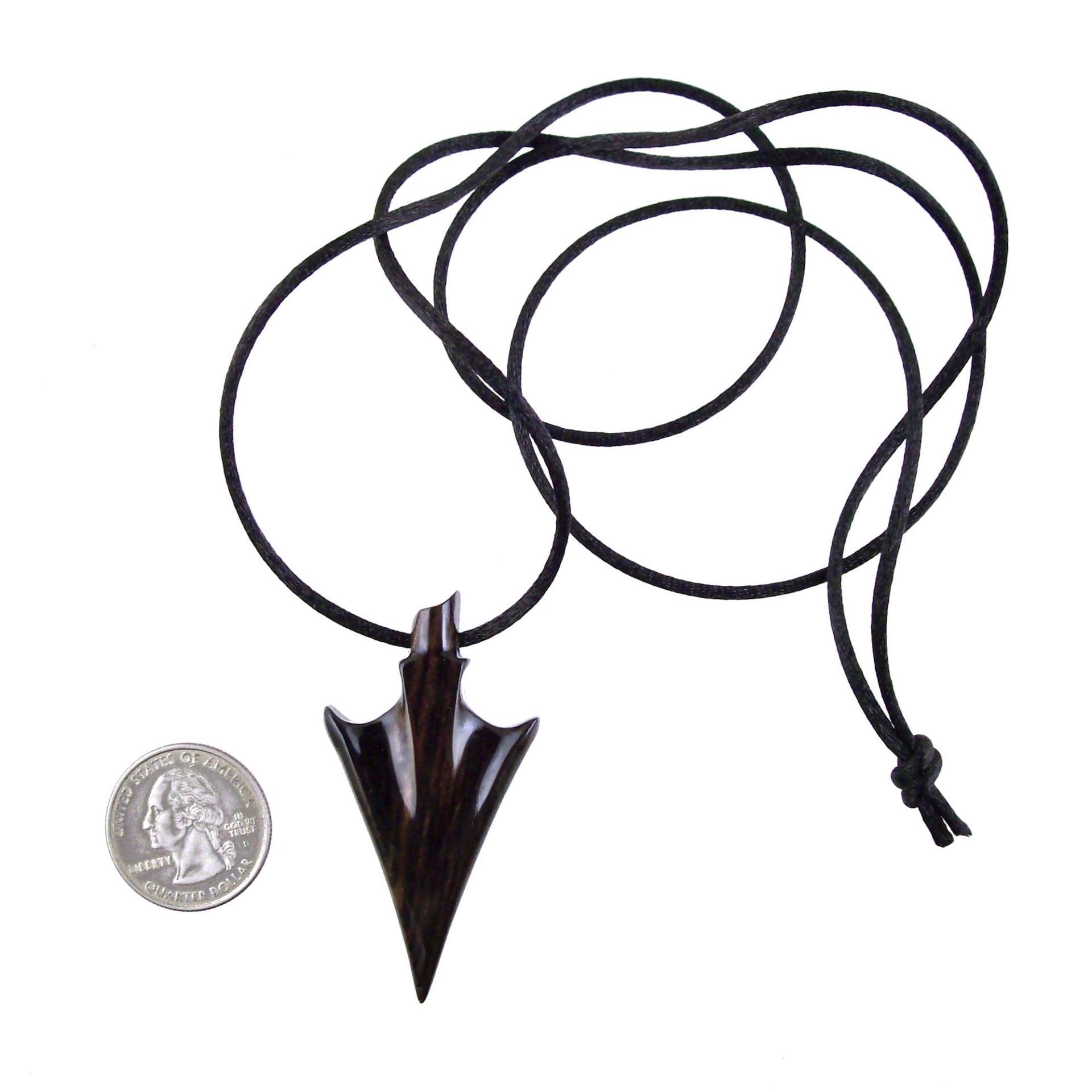 Hand Carved Arrowhead Necklace, Wooden Arrow Pendant, Mens Wood Necklace, Tribal Jewelry in Black with Brown Streaks