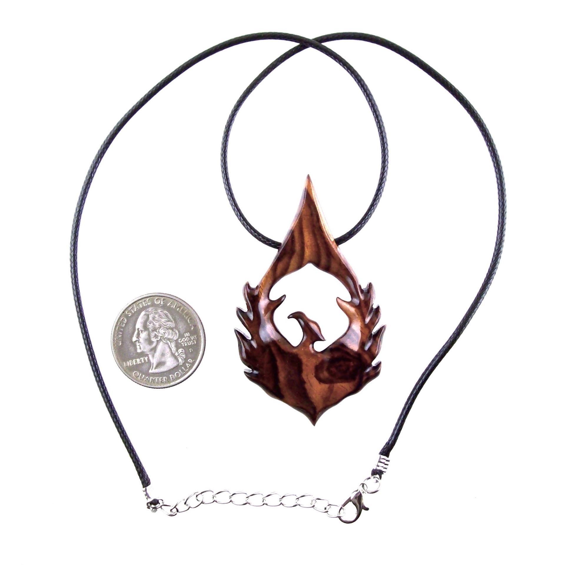 Phoenix Necklace for Men or Women, Hand Carved Wooden Phoenix Rising Pendant, Wood Firebird Necklace, Inspirational Jewelry Gift for Him Her
