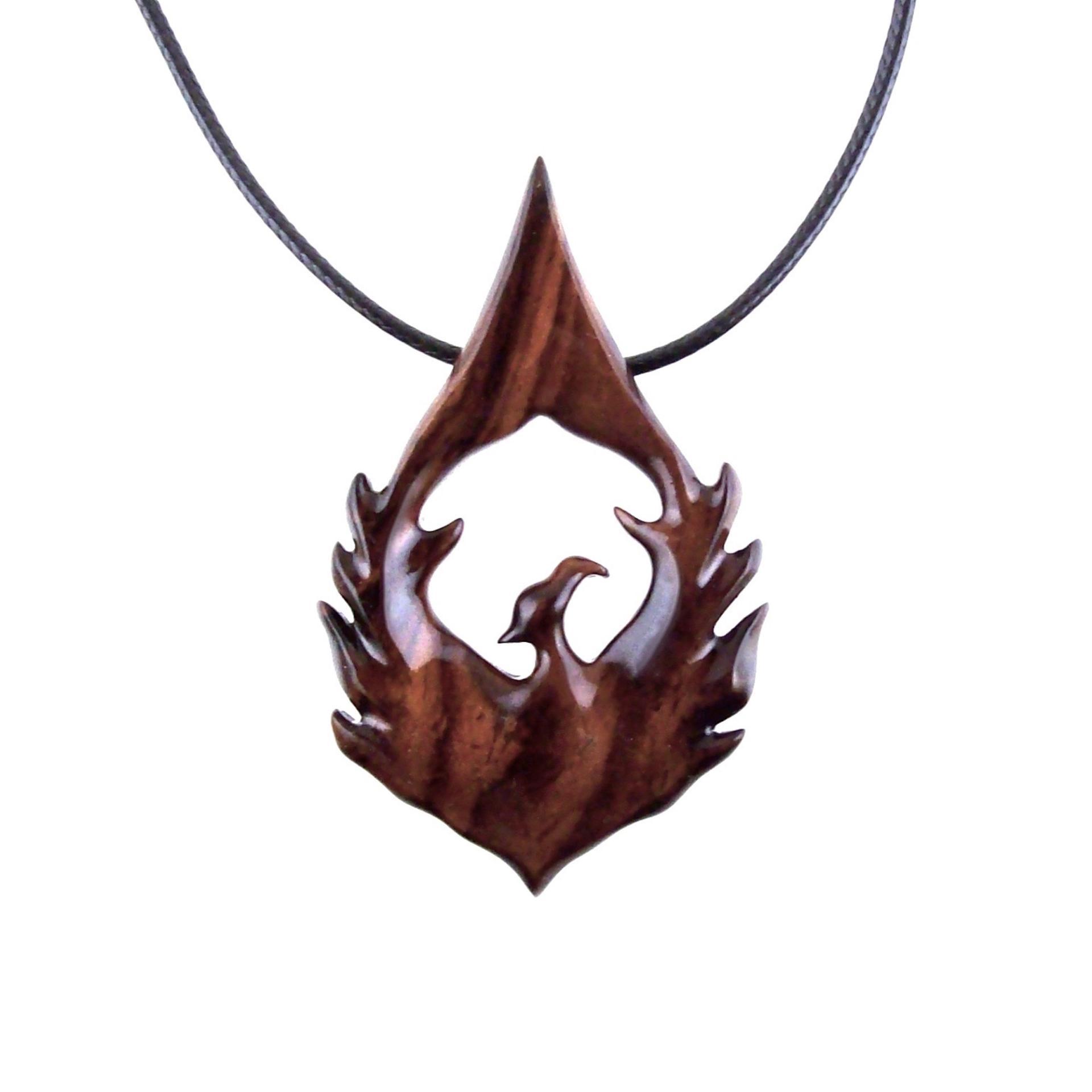 Phoenix Necklace for Men or Women, Hand Carved Wooden Phoenix Rising Pendant, Wood Firebird Necklace, Inspirational Jewelry Gift for Him Her