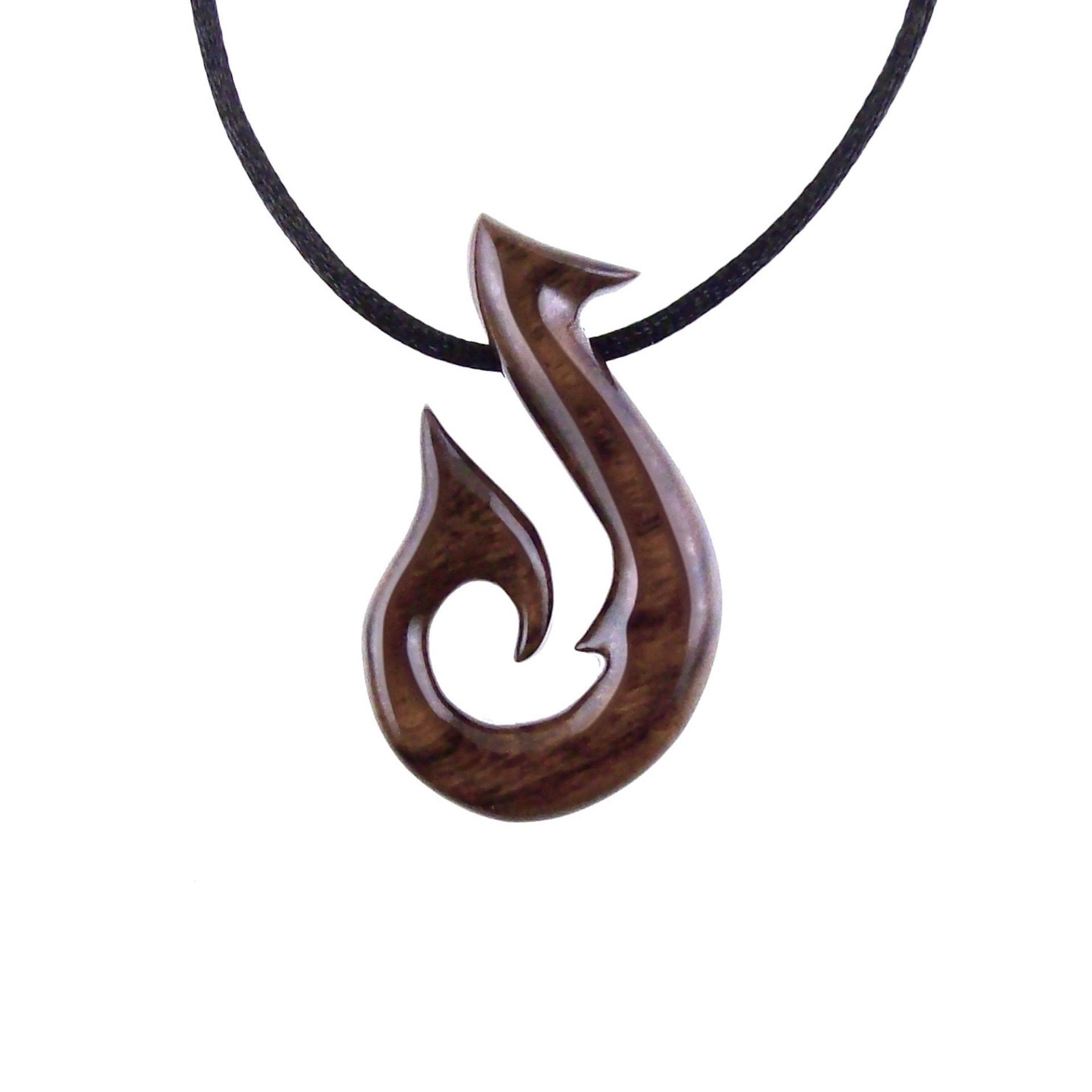 Hand Carved Fish Hook Pendant Necklace, Mens Wood Necklace, Handmade Fisherman Jewelry, One of a Kind Gift for Him