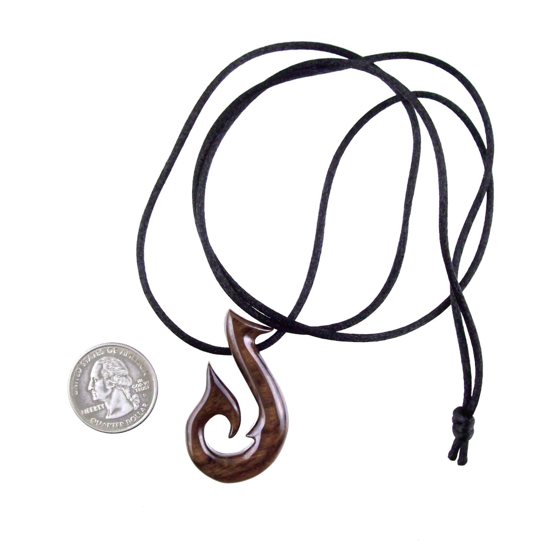 Hand Carved Fish Hook Pendant Necklace, Mens Wood Necklace, Handmade Fisherman Jewelry, One of a Kind Gift for Him