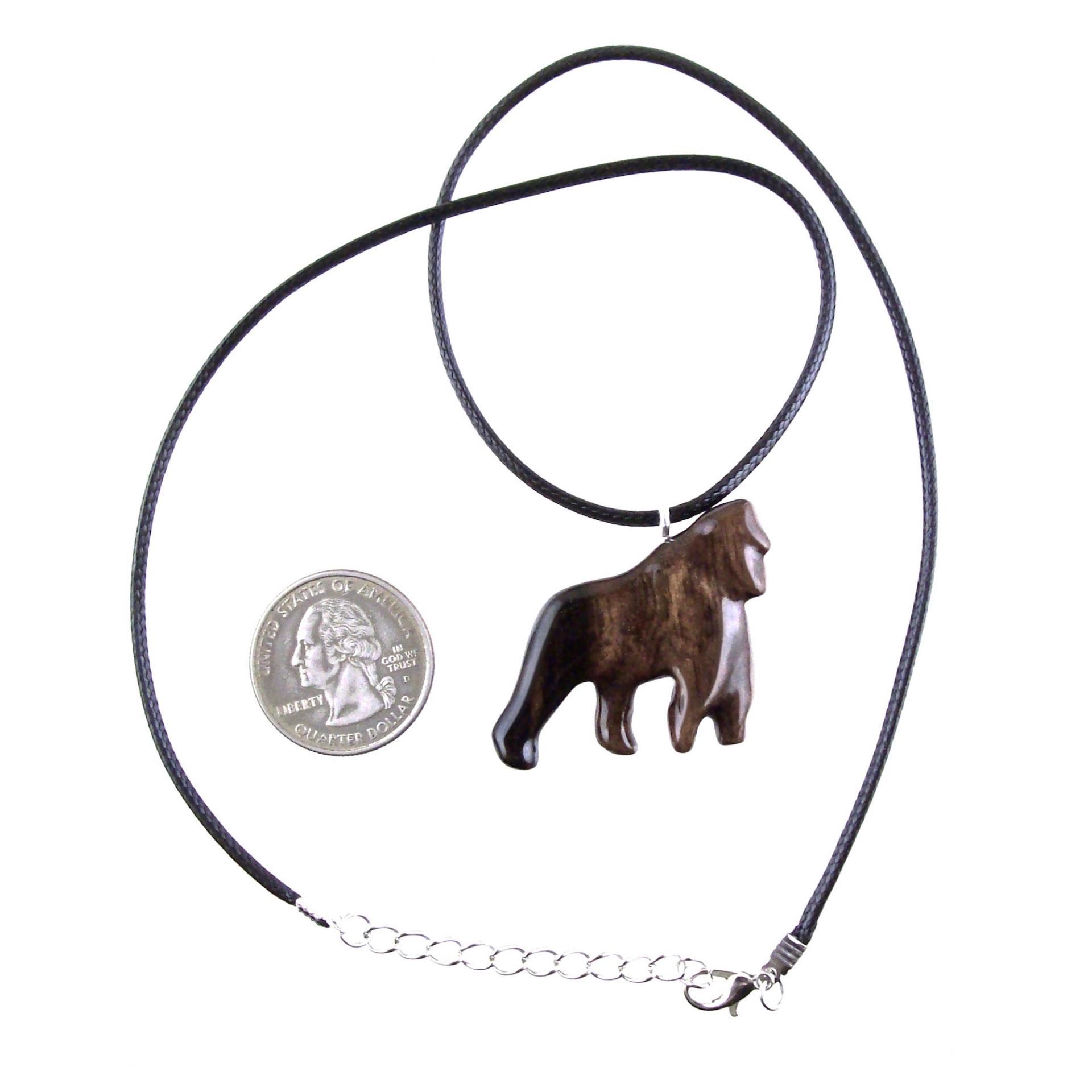 Gorilla Necklace, Hand Carved Wooden Gorilla Pendant, Animal Necklace, Gift for Him, Mens Wood Jewelry in Black with Brown Streaks