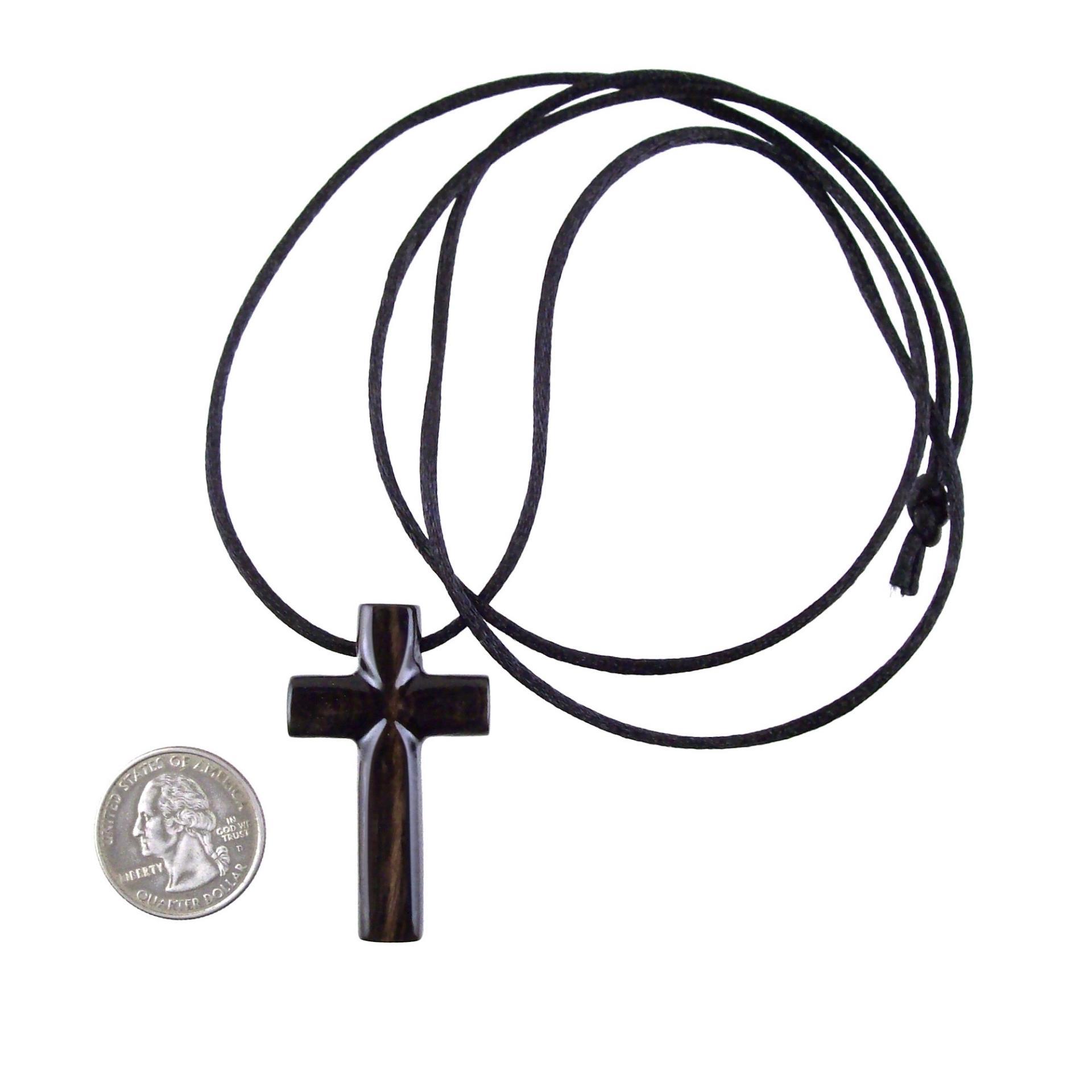 Hand Carved Wood Cross Necklace, Wooden Cross Pendant, Christian Jewelry for Men in Black with Brown Streaks