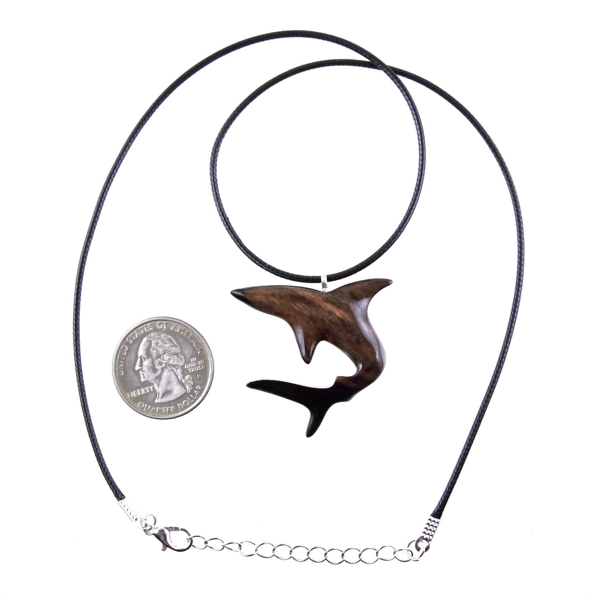 Shark Pendant, Hand Carved Wooden Shark Necklace, Mens Wood Pendant, Nautical Jewelry Gift for Him in Black with Brown Streaks