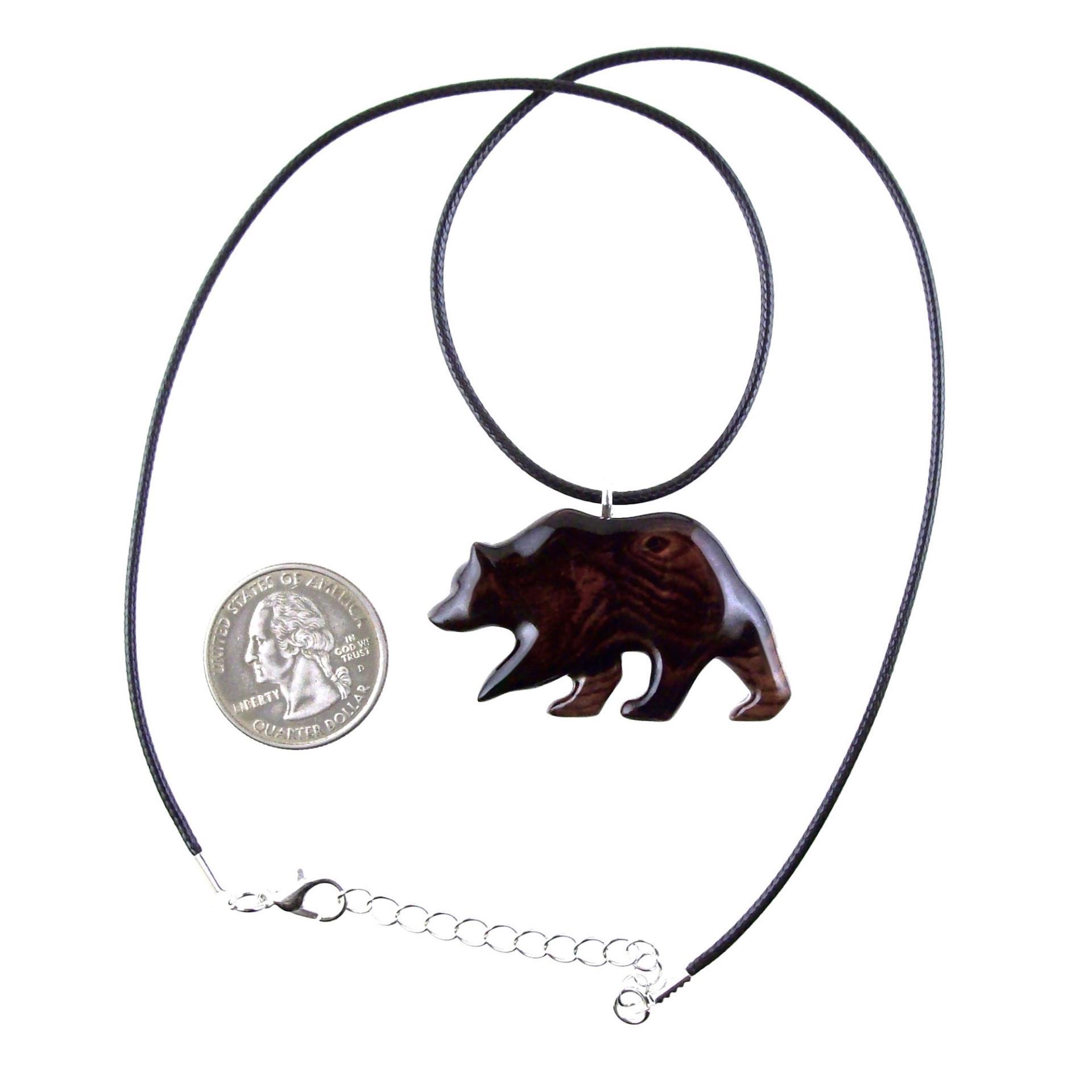 Wood Bear Necklace, Hand Carved Wooden Grizzly Bear Pendant for Men or Women, Spirit Animal Totem Jewelry Gift for Him Her