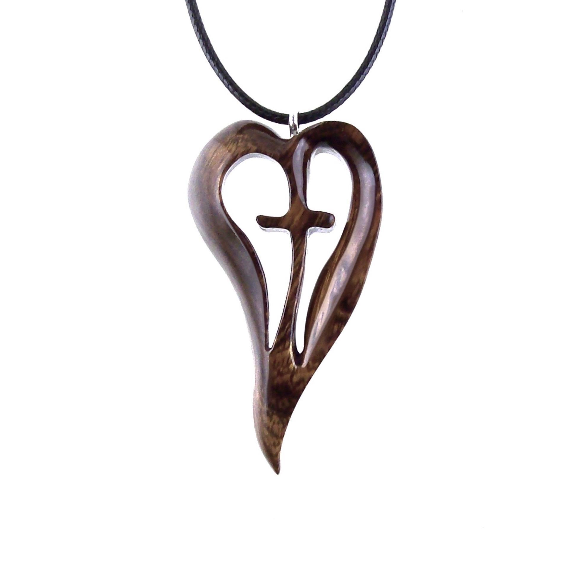 Women Cross Necklace, Wooden Heart Pendant, Hand Carved Wood Cross Necklace, 5th Anniversary Gift for Her, Christian Jewelry