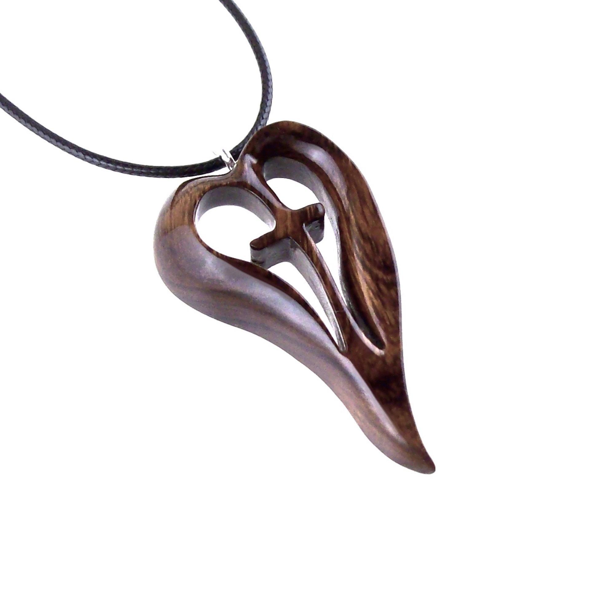 Women Cross Necklace, Wooden Heart Pendant, Hand Carved Wood Cross Necklace, 5th Anniversary Gift for Her, Christian Jewelry