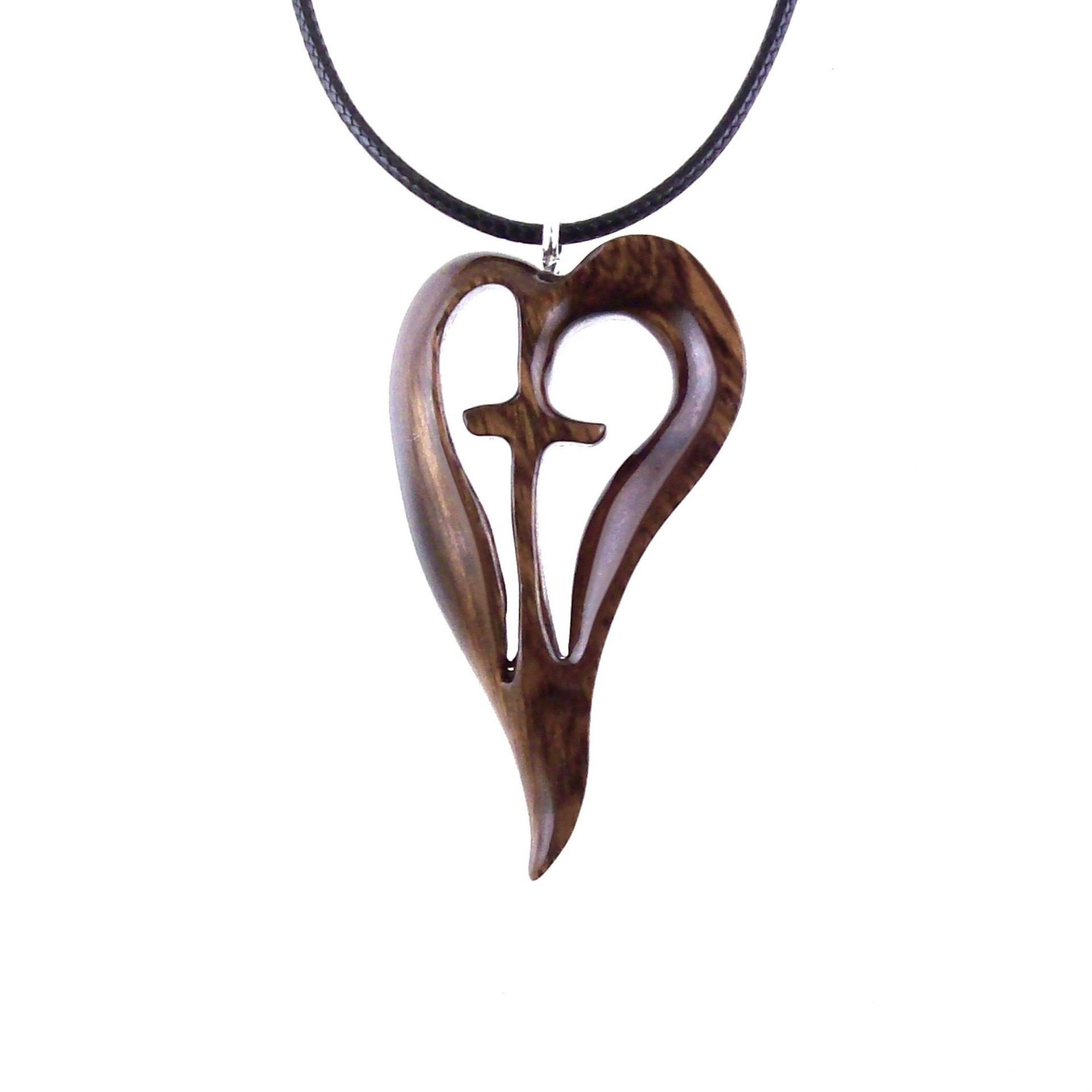 Women Cross Necklace, Wooden Heart Pendant, Hand Carved Wood Cross Necklace, 5th Anniversary Gift for Her, Christian Jewelry