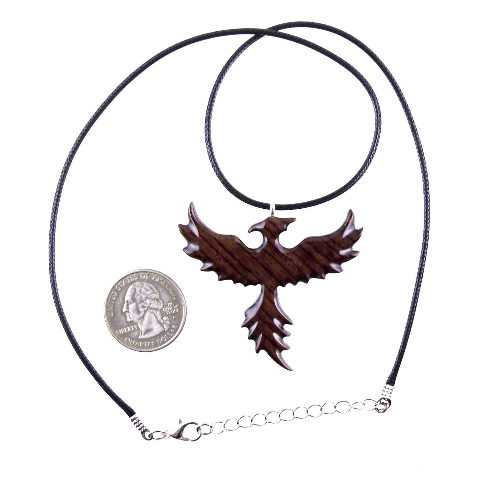 Hand Carved Phoenix Necklace, Wooden Rising Phoenix Pendant for Men or Women, Wood Firebird Necklace, Fantasy Inspirational Jewelry
