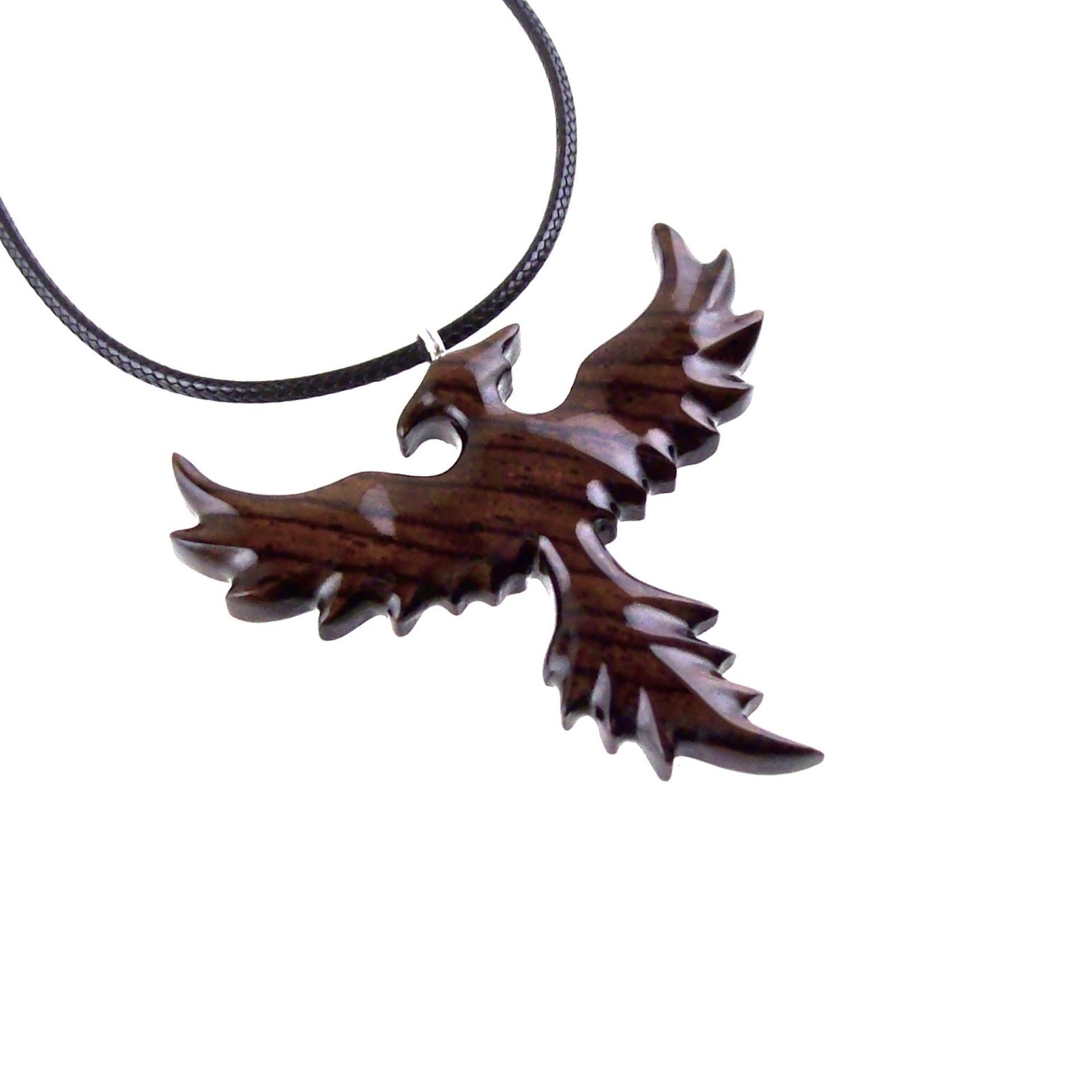 Hand Carved Phoenix Necklace, Wooden Rising Phoenix Pendant for Men or Women, Wood Firebird Necklace, Fantasy Inspirational Jewelry