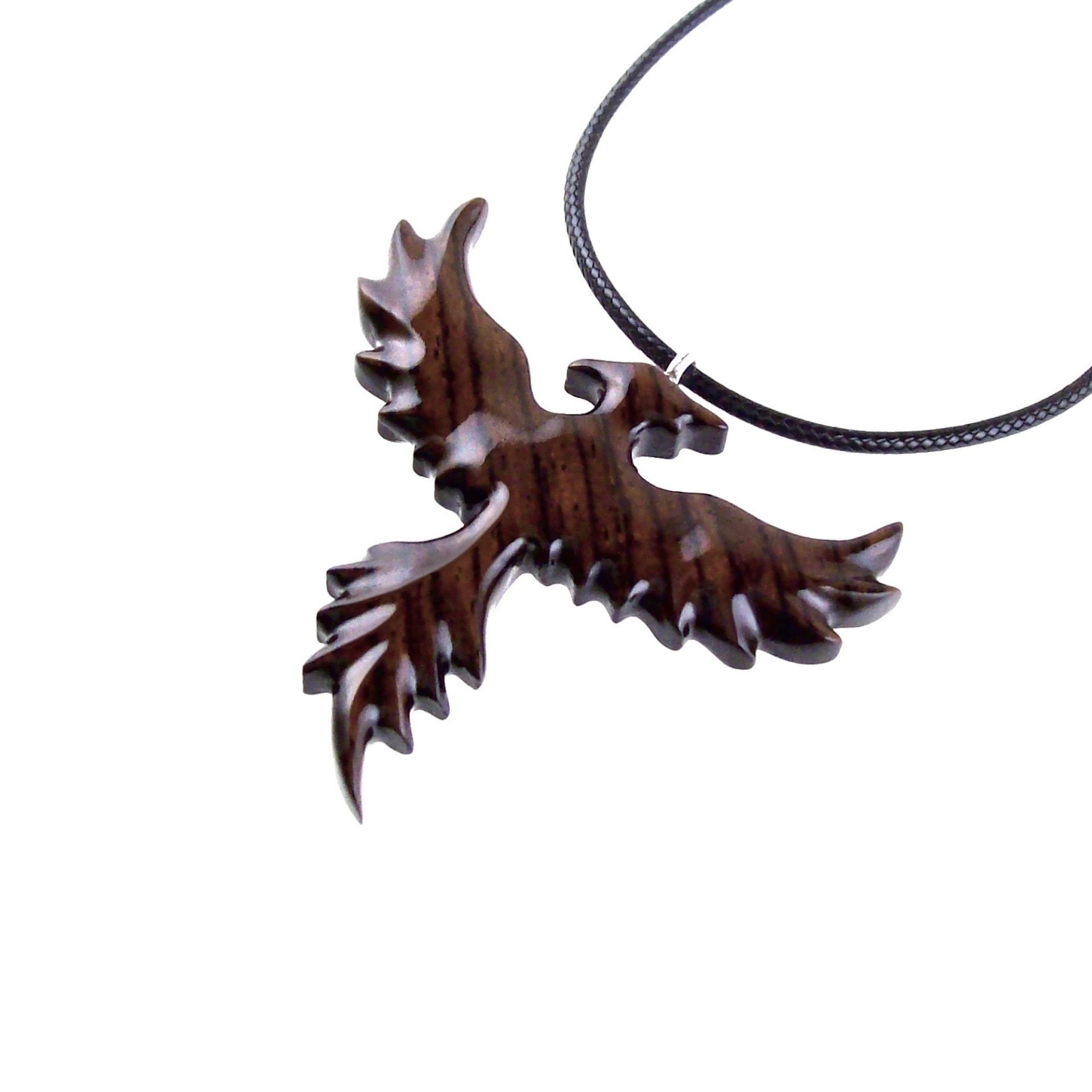 Hand Carved Phoenix Necklace, Wooden Rising Phoenix Pendant for Men or Women, Wood Firebird Necklace, Fantasy Inspirational Jewelry