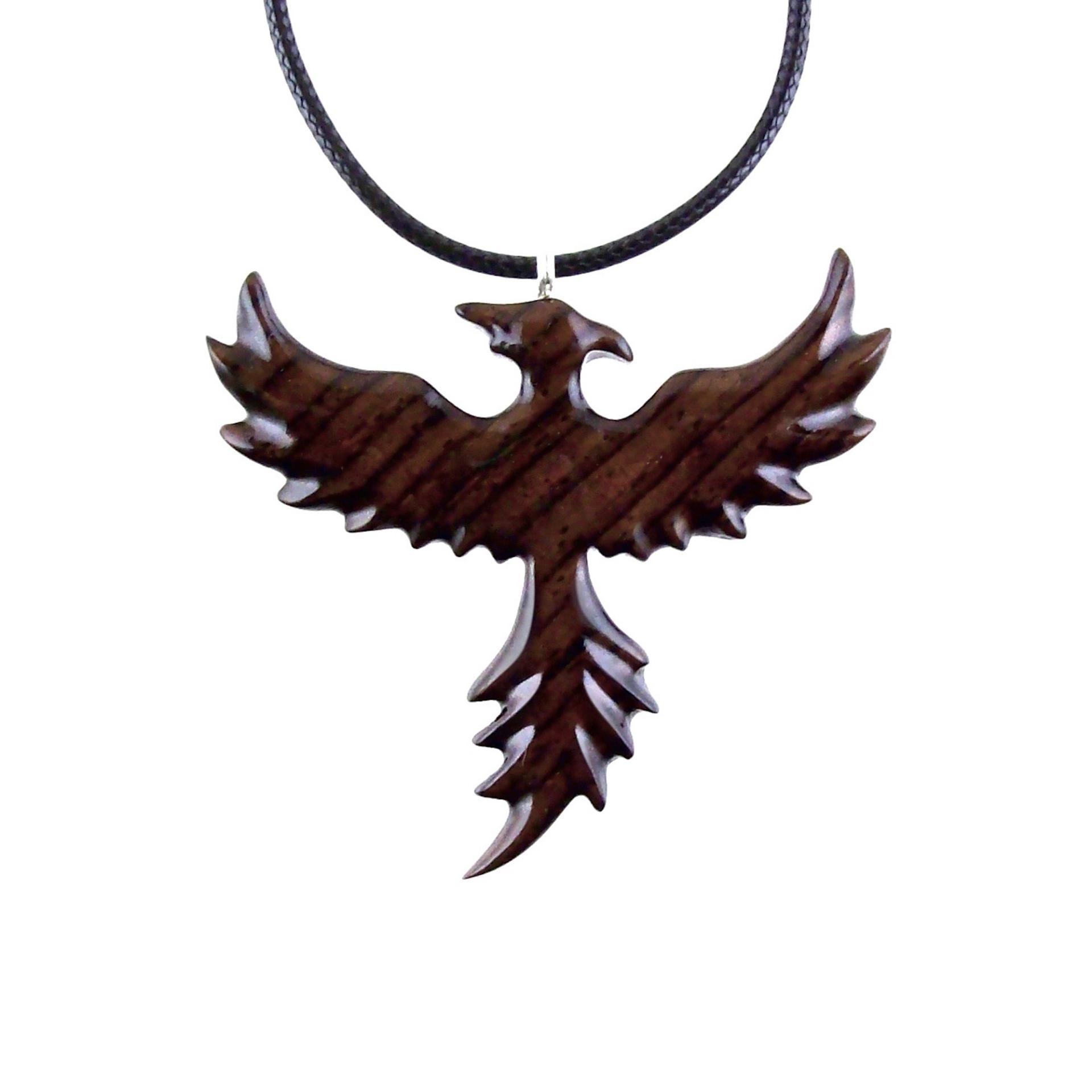 Hand Carved Phoenix Necklace, Wooden Rising Phoenix Pendant for Men or Women, Wood Firebird Necklace, Fantasy Inspirational Jewelry